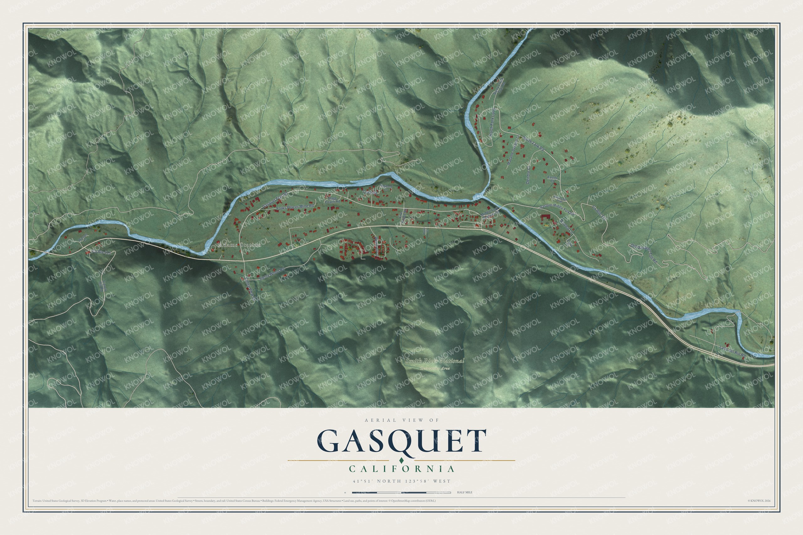 Full map of Gasquet, California, with red buildings, printed street names and the land around them