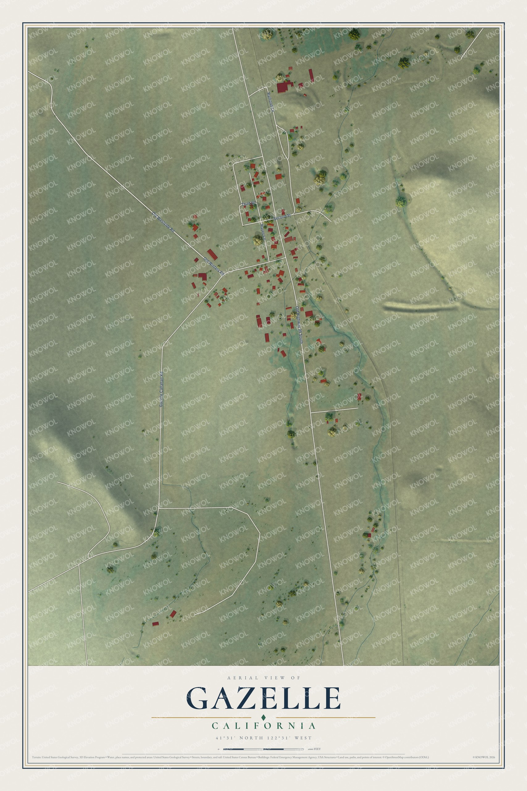 Full map of Gazelle, California, with red buildings, printed street names and the land around them