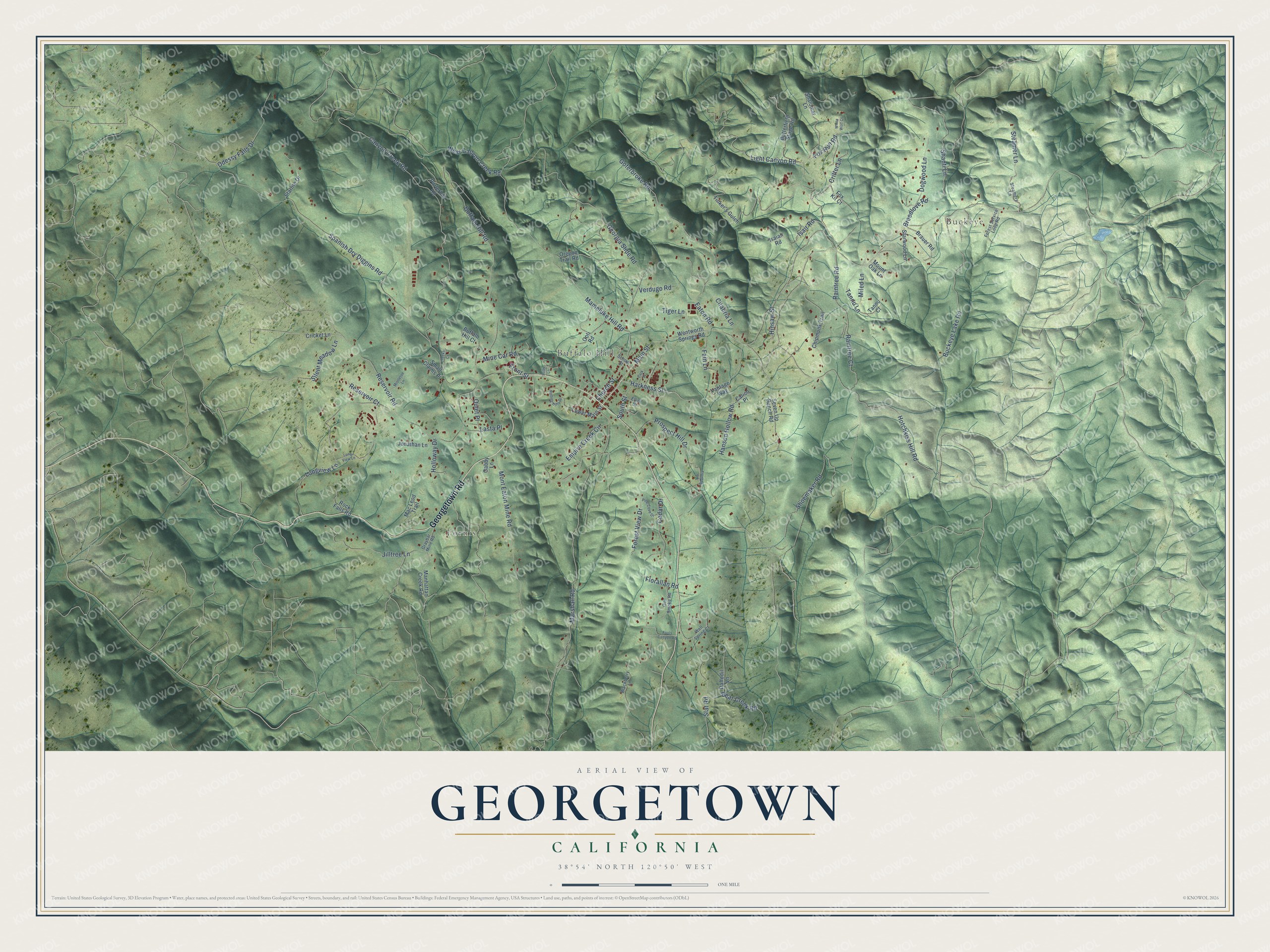 Full map of Georgetown, California, with red buildings, printed street names and the land around them
