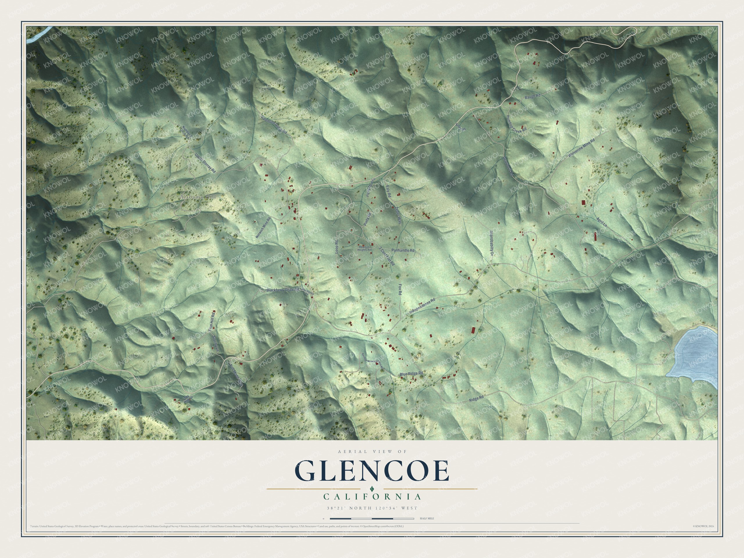 Full map of Glencoe, California, with red buildings, printed street names and the land around them