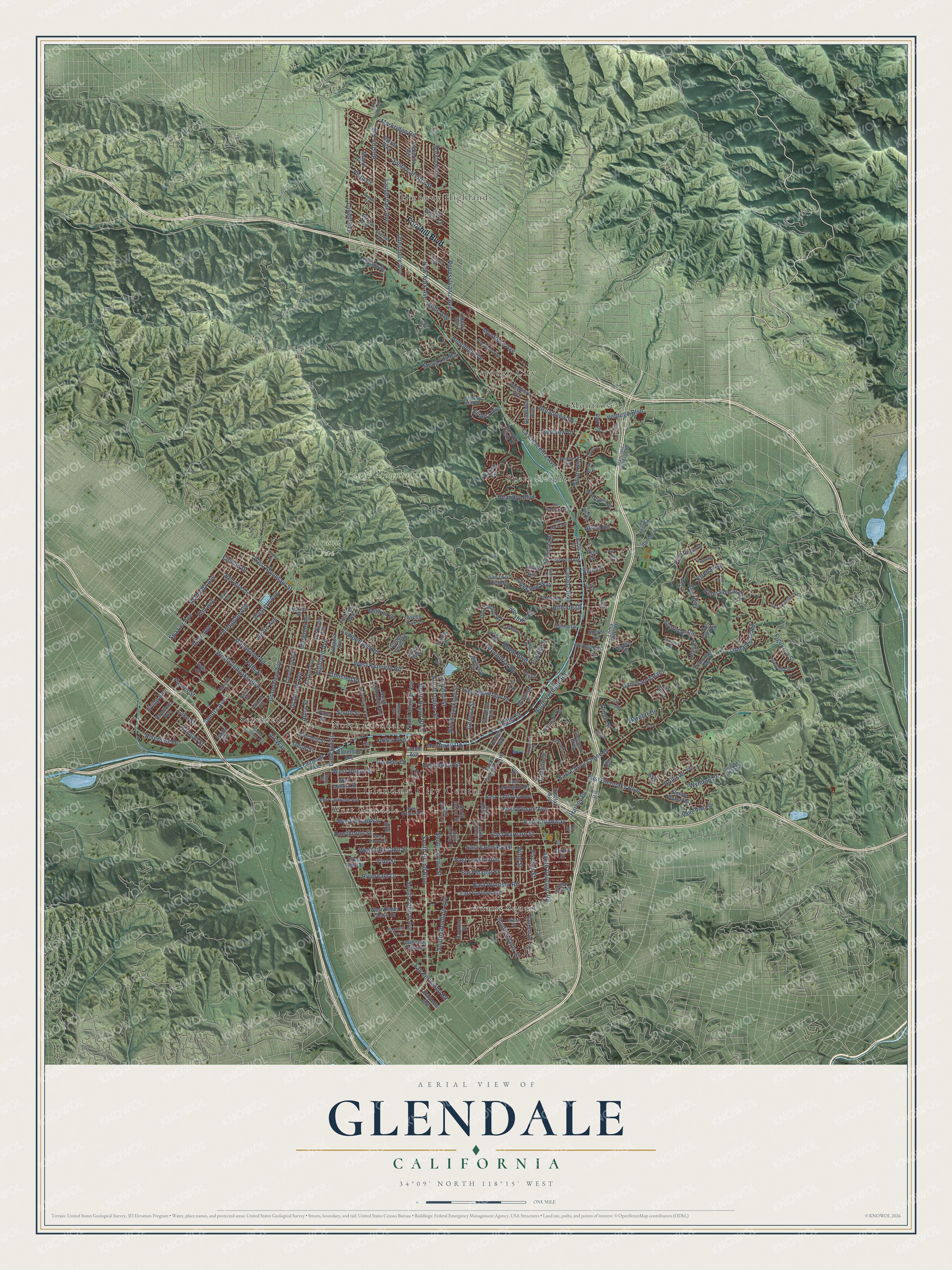 Full map of Glendale, California, with red buildings, printed street names and the land around them