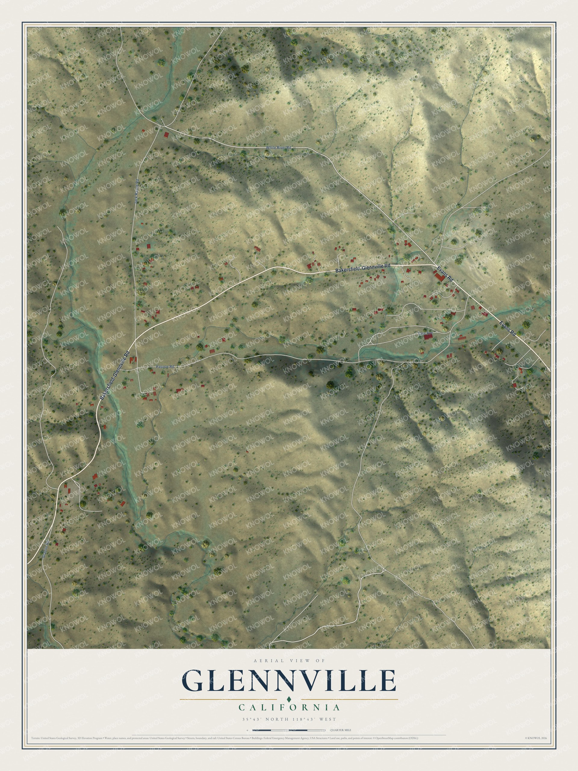 Full map of Glennville, California, with red buildings, printed street names and the land around them