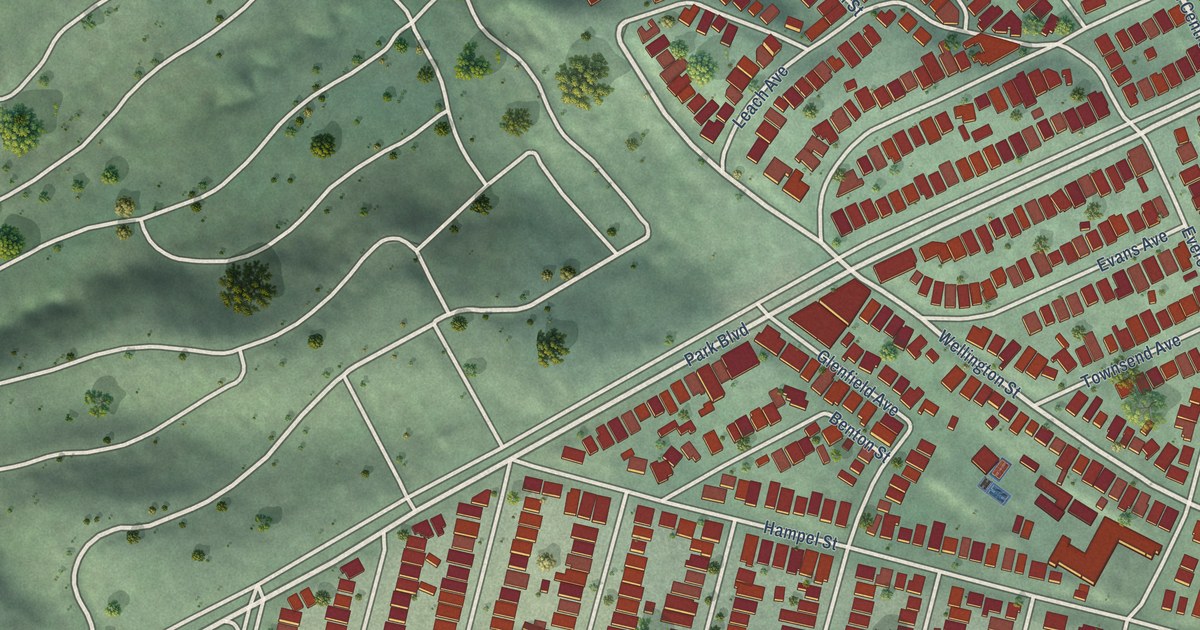 Close-up of streets and buildings in Glenview, California