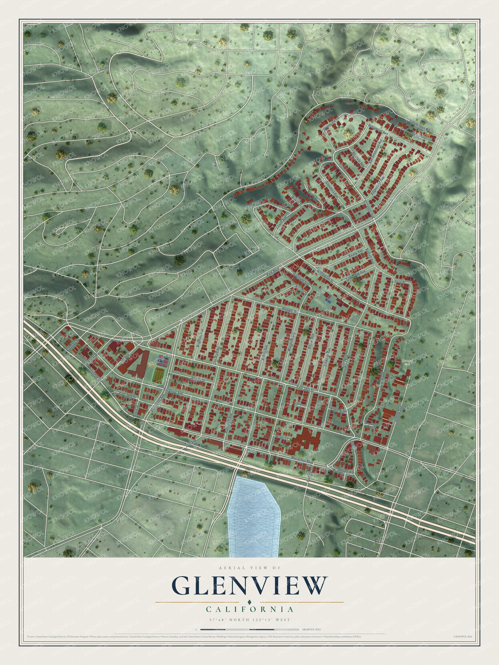 Full map of Glenview, California, with red buildings, printed street names and the land around them