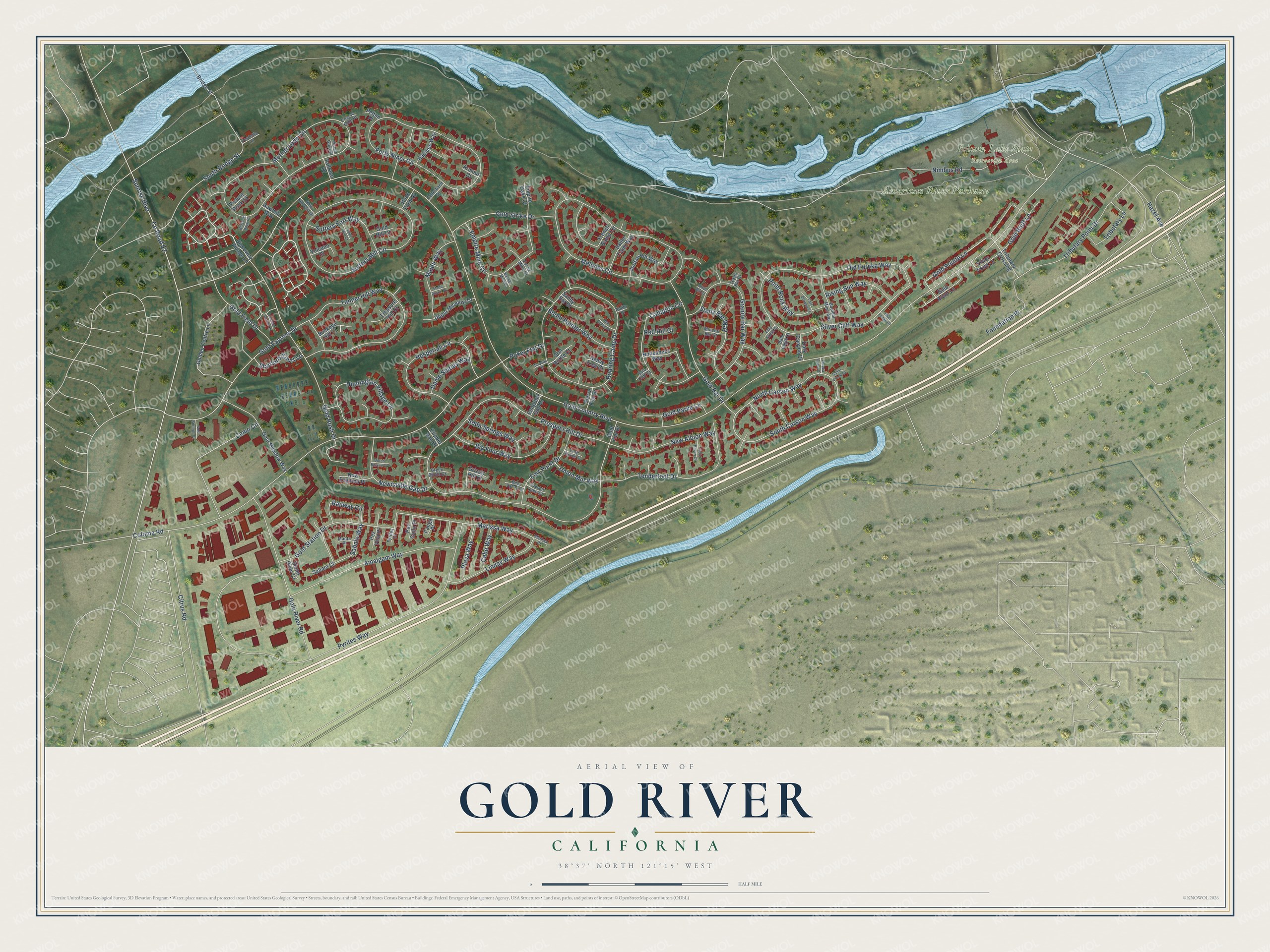 Full map of Gold River, California, with red buildings, printed street names and the land around them