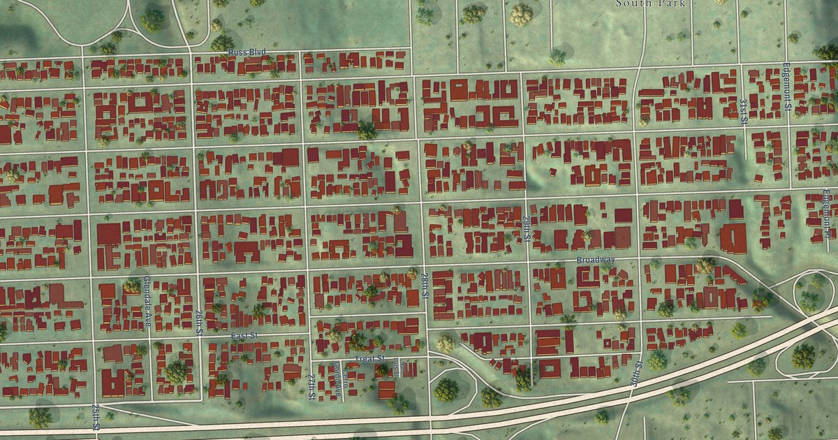 Close-up of streets and buildings in Golden Hill, California