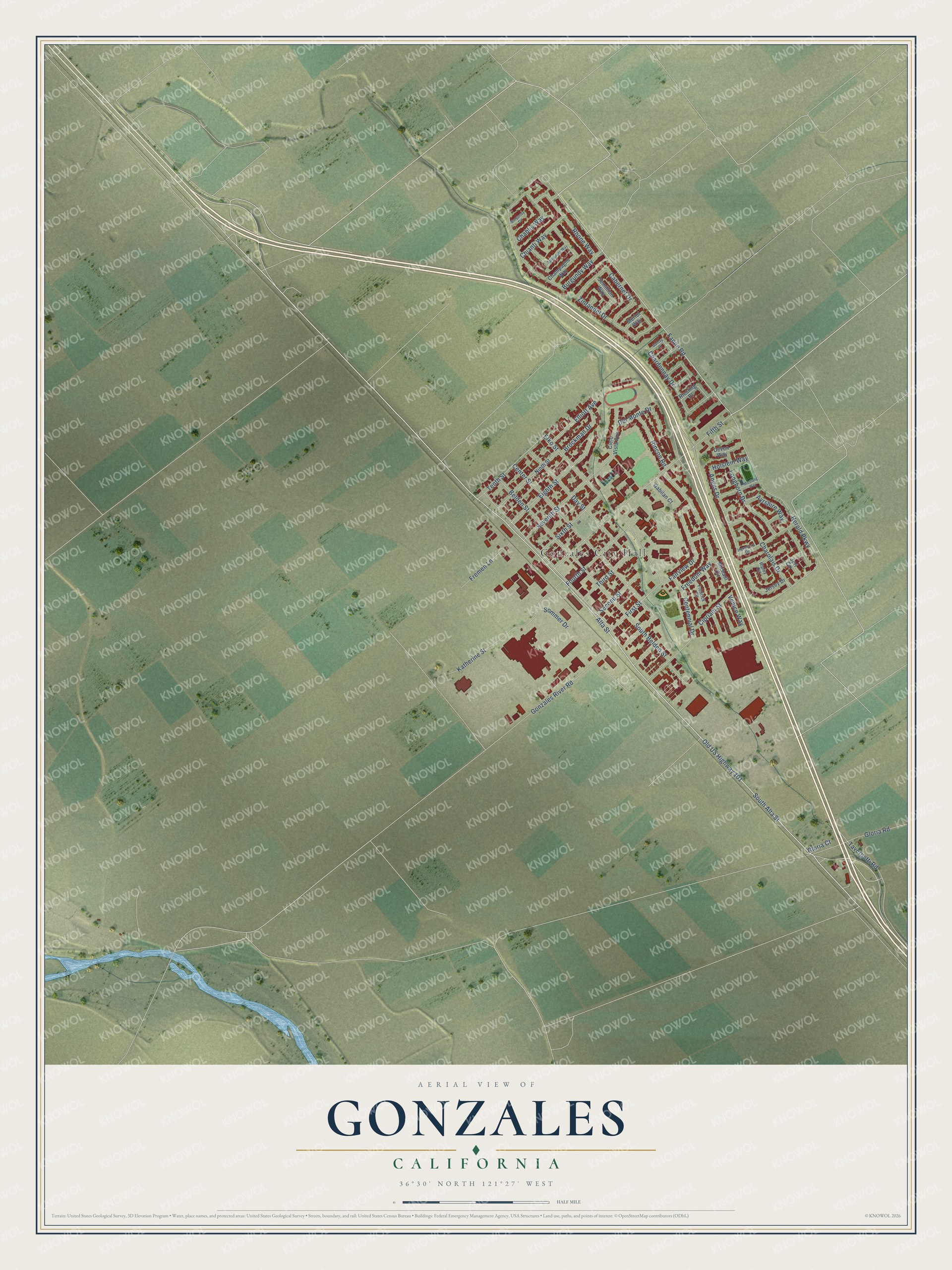 Full map of Gonzales, California, with red buildings, printed street names and the land around them