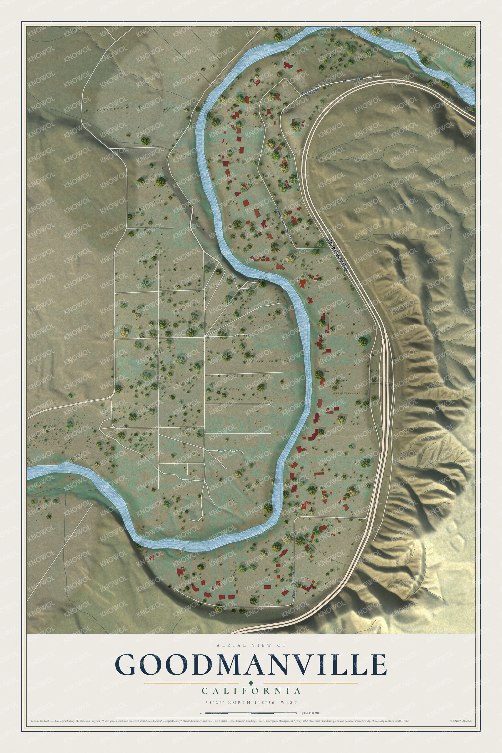Full map of Goodmanville, California, with red buildings, printed street names and the land around them
