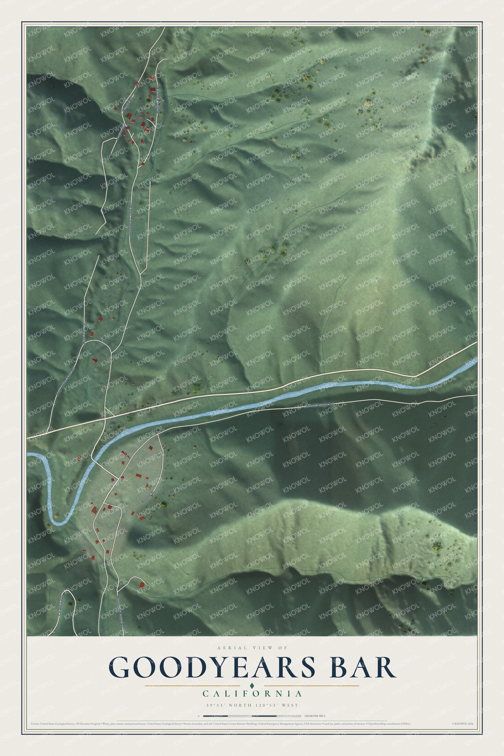 Full map of Goodyears Bar, California, with red buildings, printed street names and the land around them