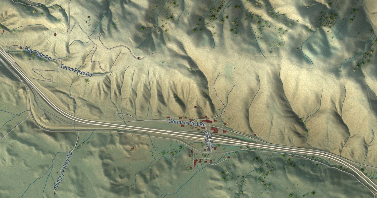 Close-up of streets and buildings in Gorman, California