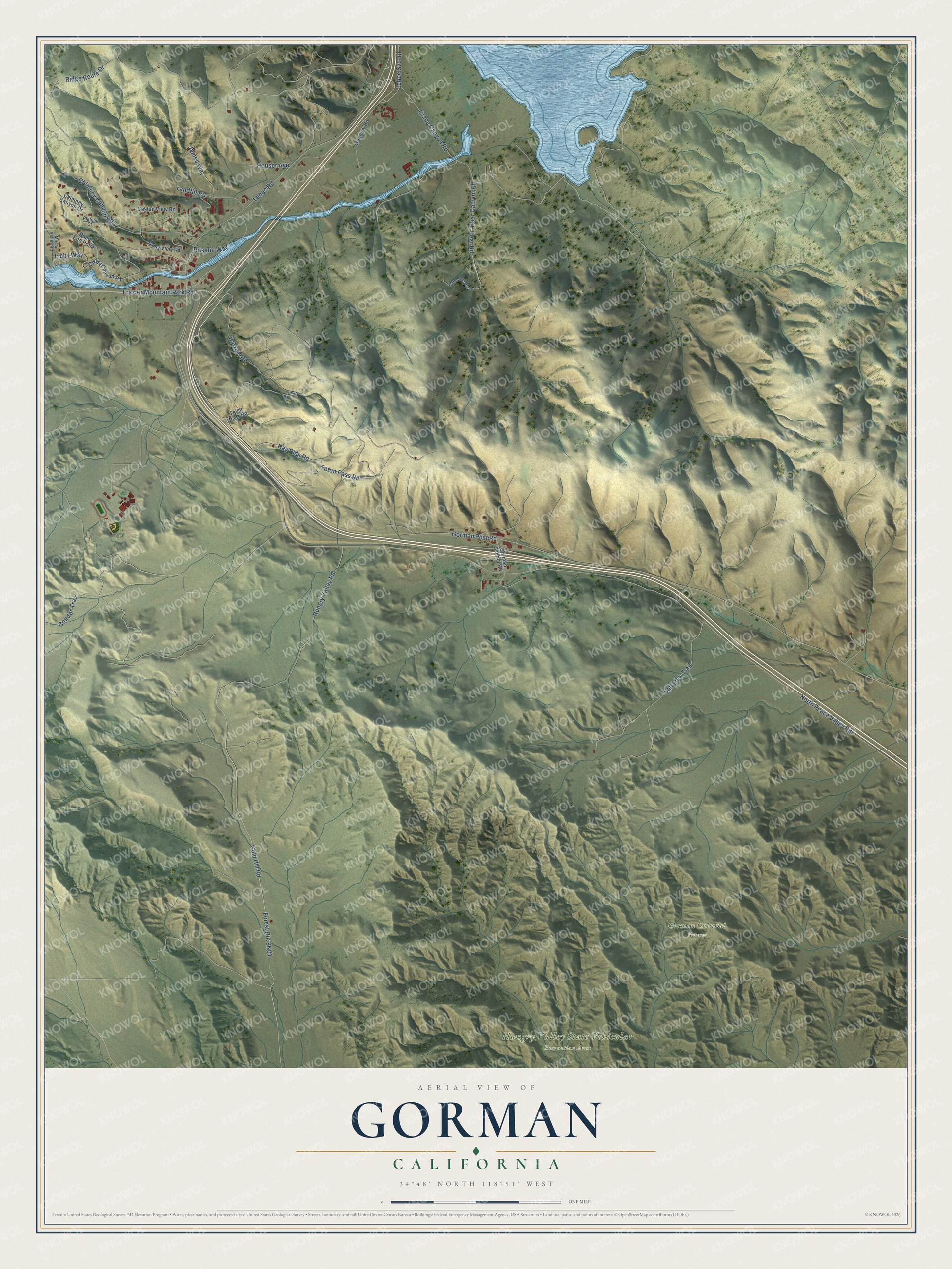 Full map of Gorman, California, with red buildings, printed street names and the land around them