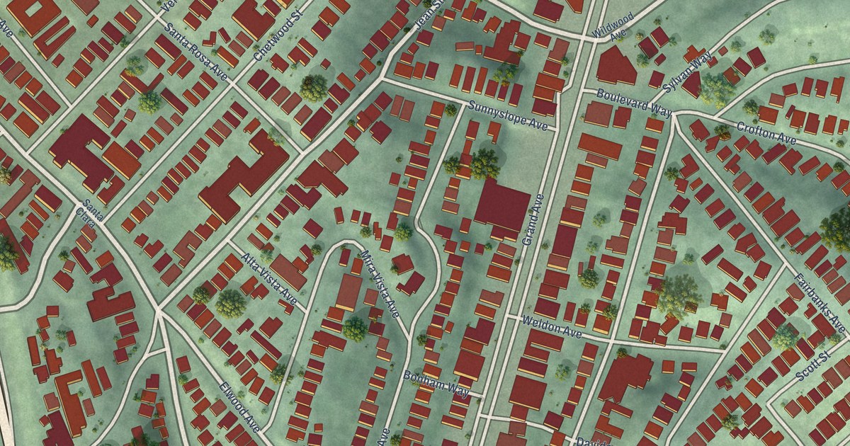 Close-up of streets and buildings in Grand Lake, California
