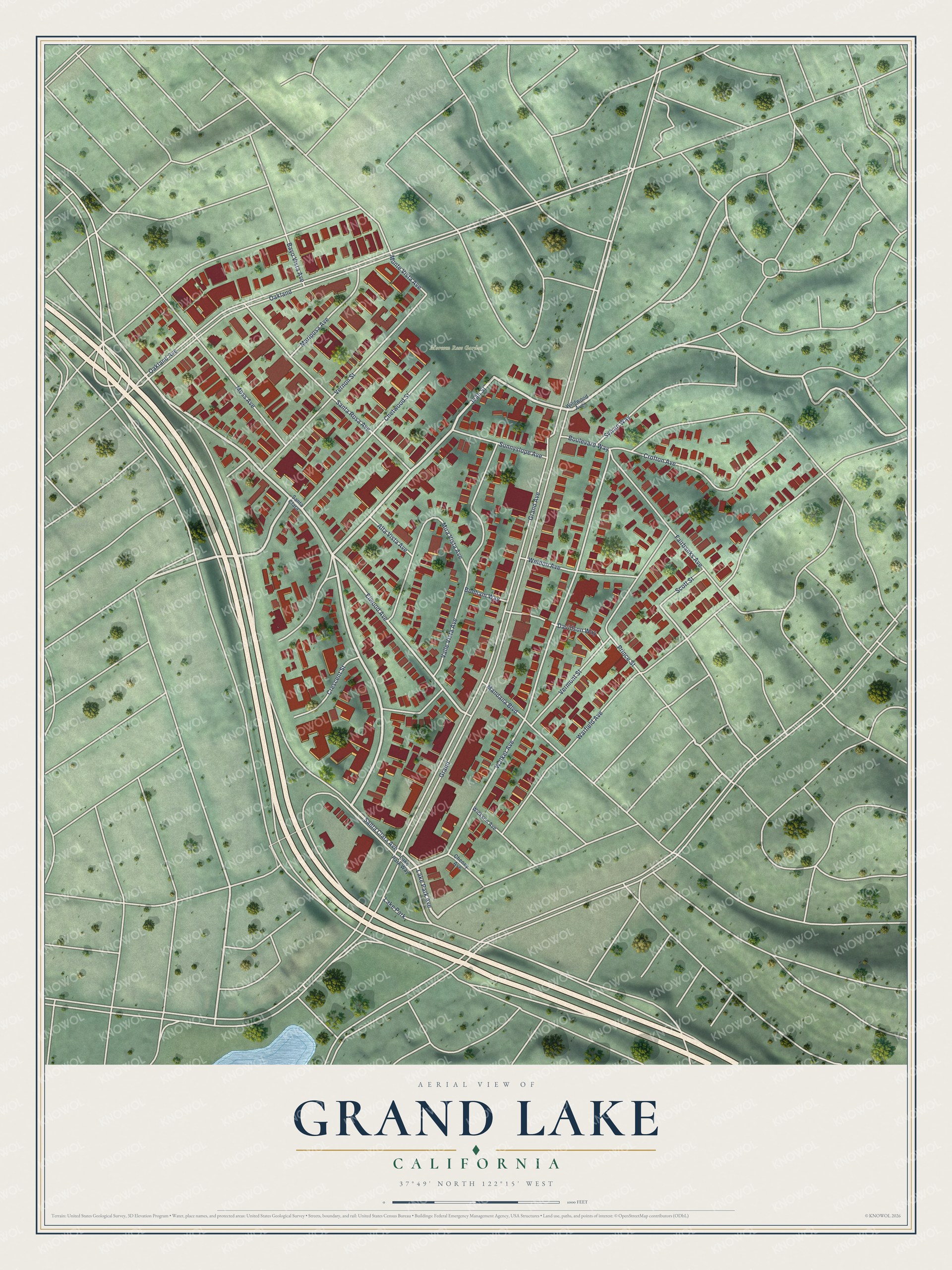 Full map of Grand Lake, California, with red buildings, printed street names and the land around them
