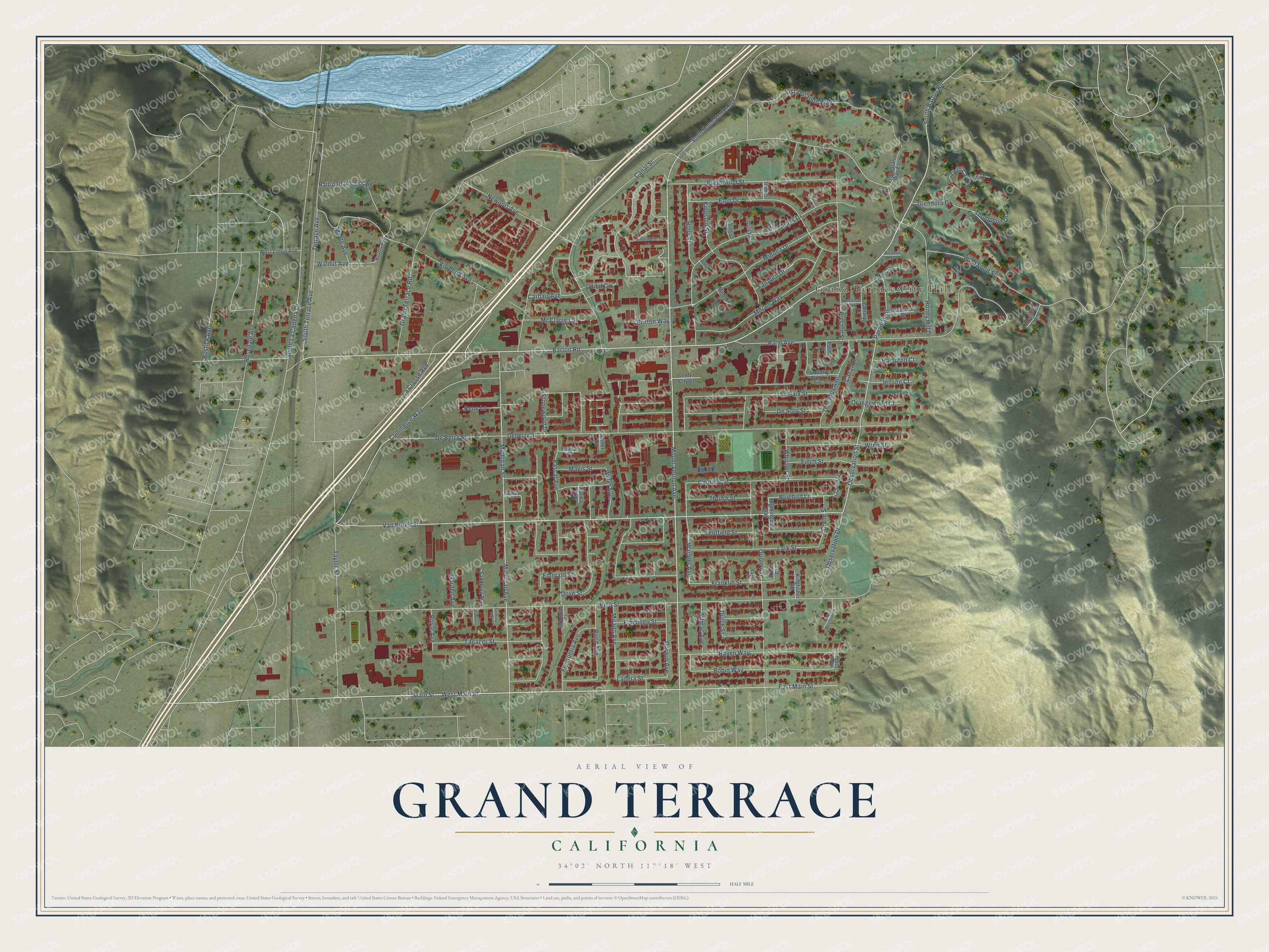 Full map of Grand Terrace, California, with red buildings, printed street names and the land around them