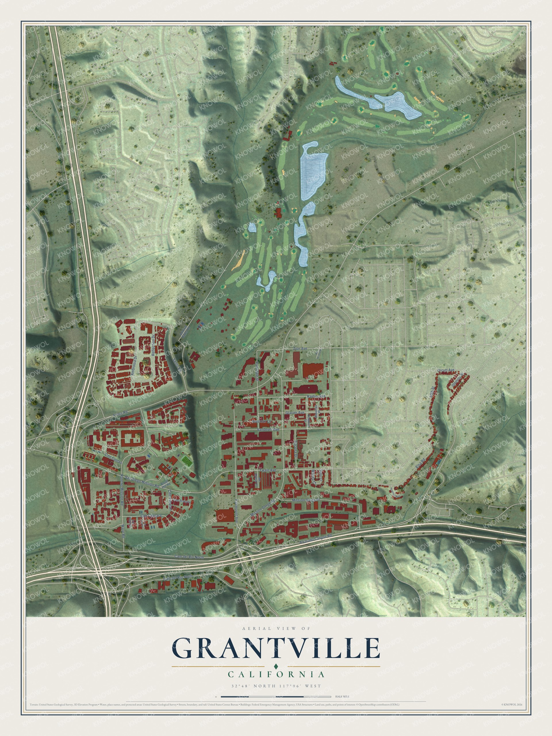 Full map of Grantville, California, with red buildings, printed street names and the land around them