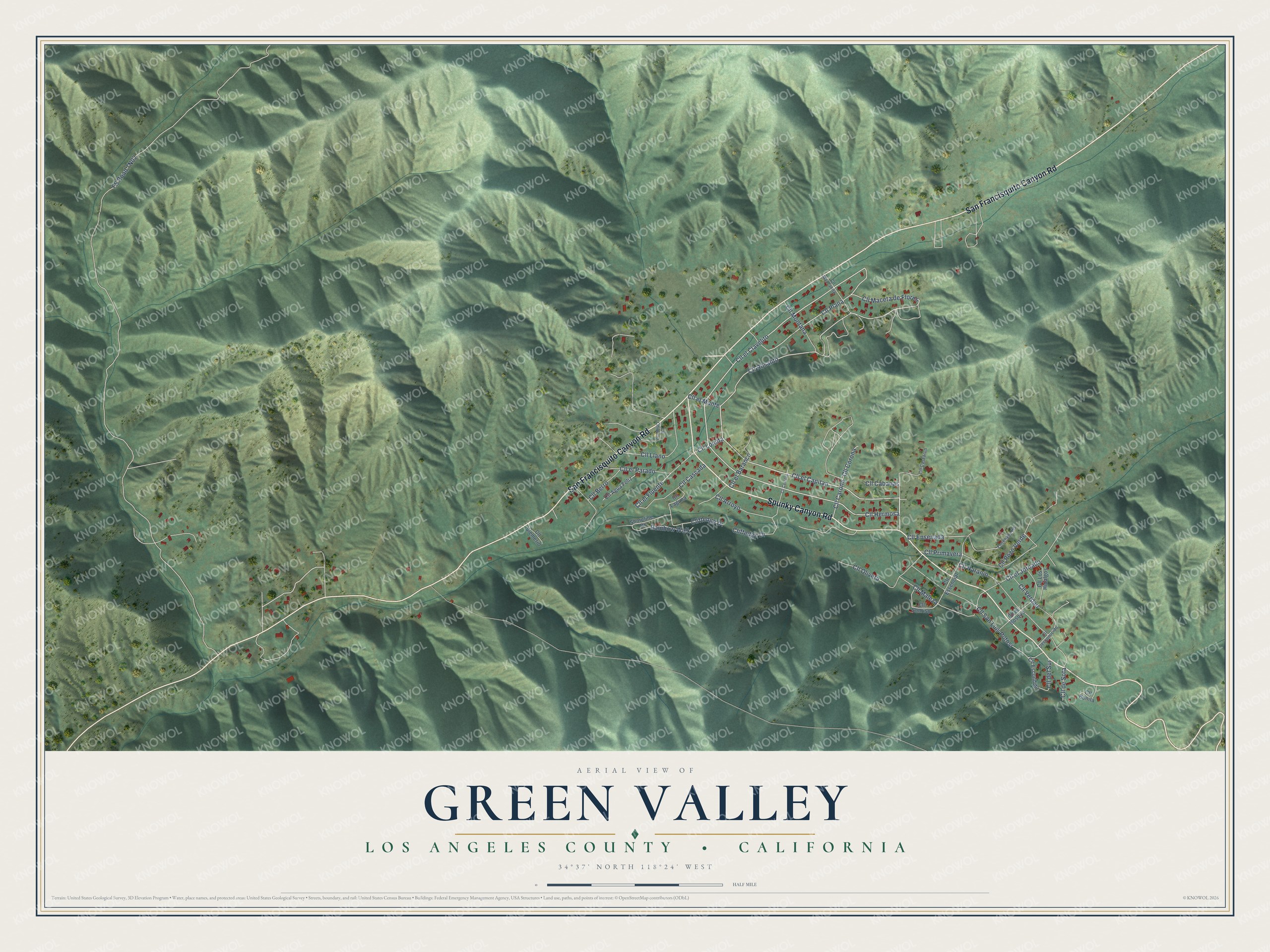 Full map of Green Valley, California, with red buildings, printed street names and the land around them