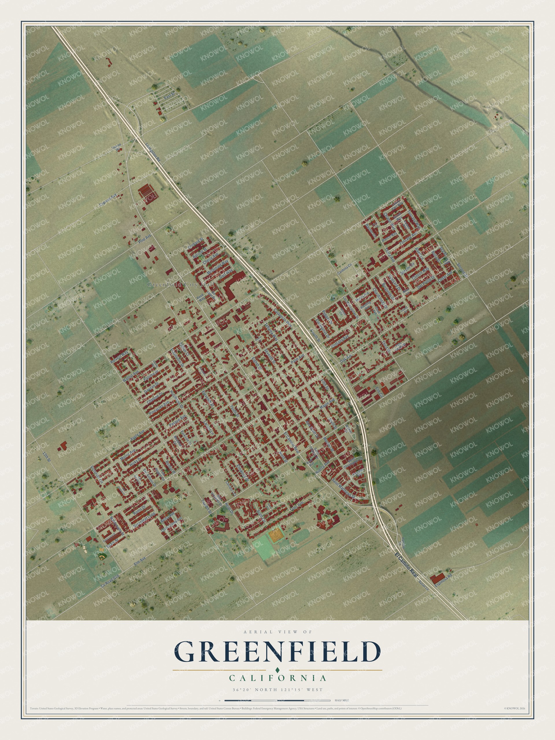 Full map of Greenfield, California, with red buildings, printed street names and the land around them