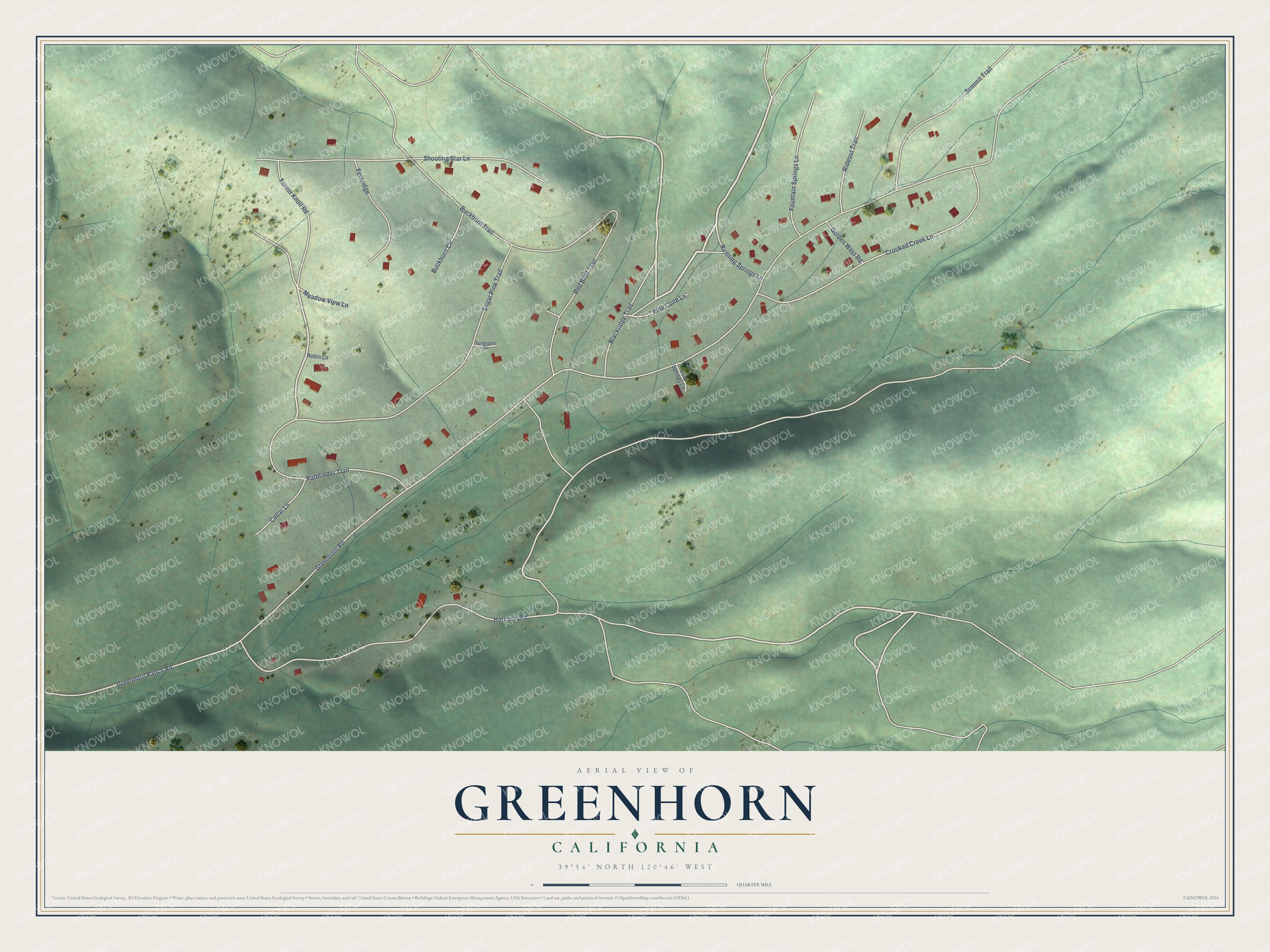 Full map of Greenhorn, California, with red buildings, printed street names and the land around them