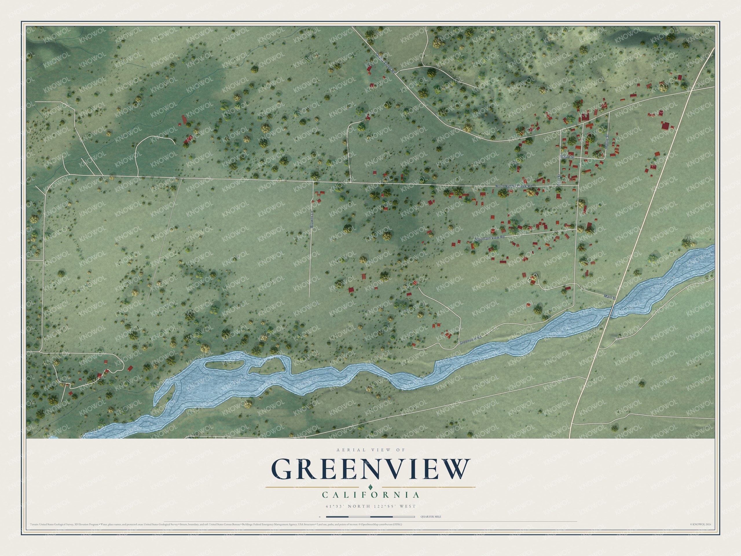 Full map of Greenview, California, with red buildings, printed street names and the land around them