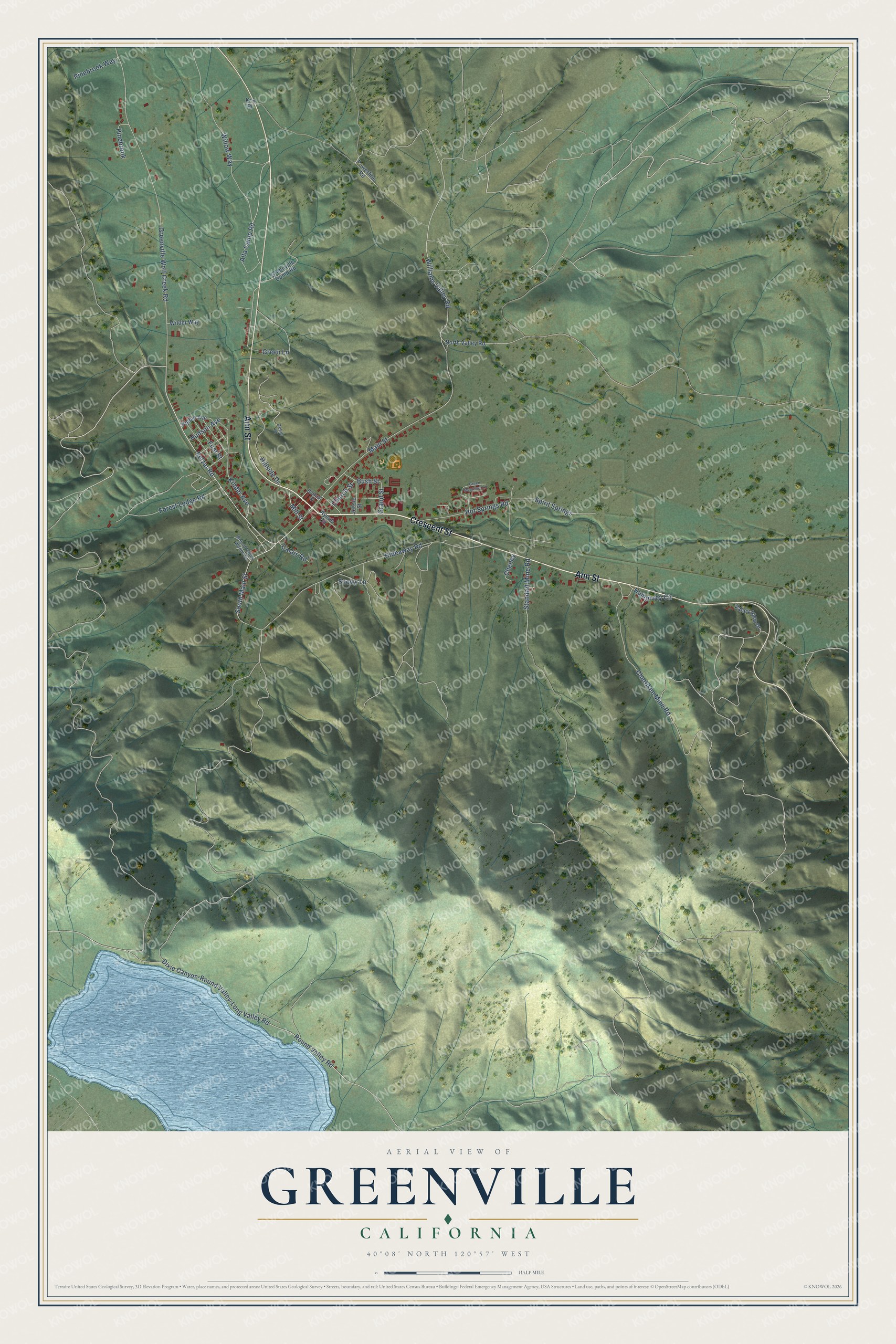 Full map of Greenville, California, with red buildings, printed street names and the land around them
