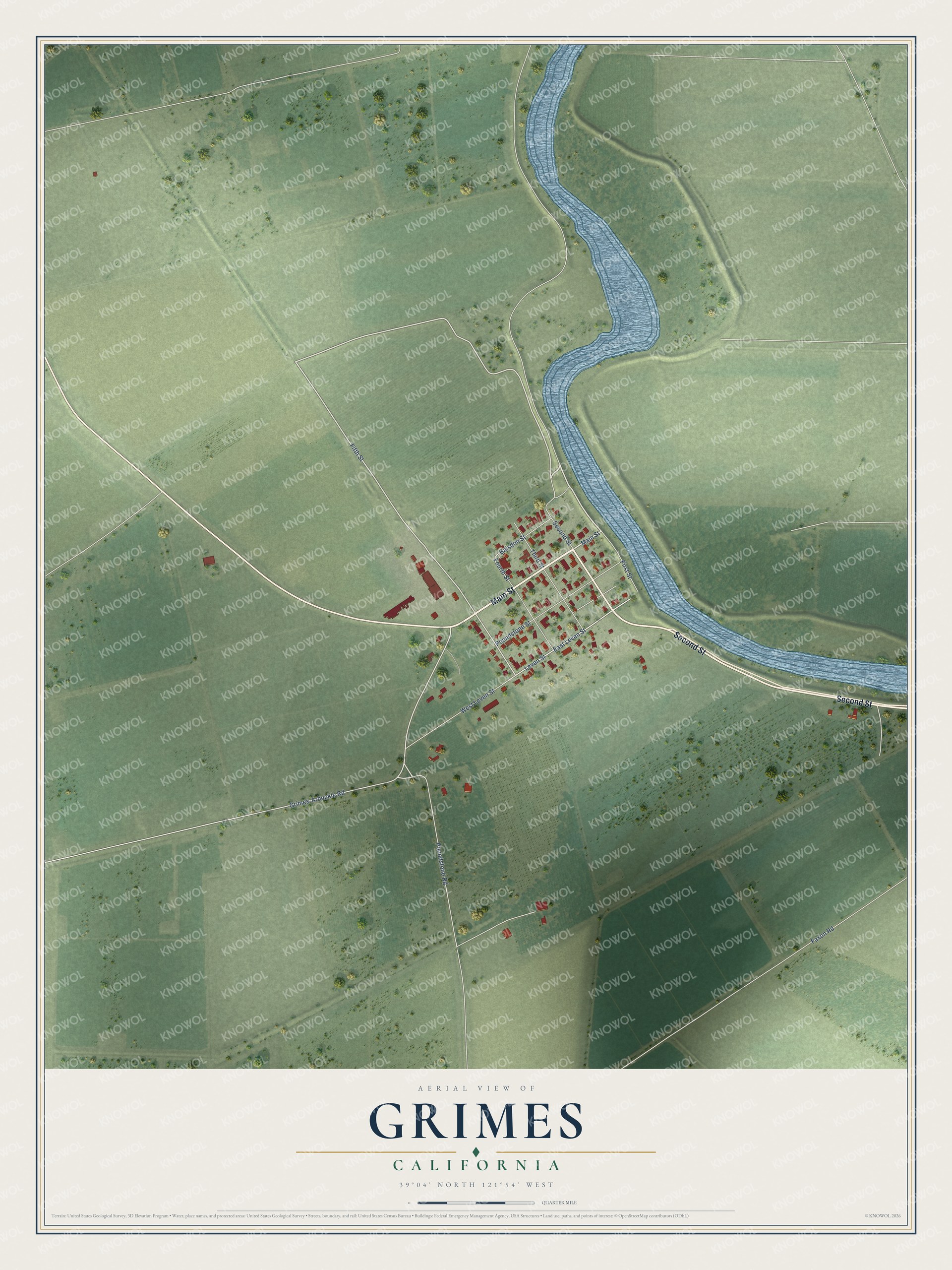 Full map of Grimes, California, with red buildings, printed street names and the land around them