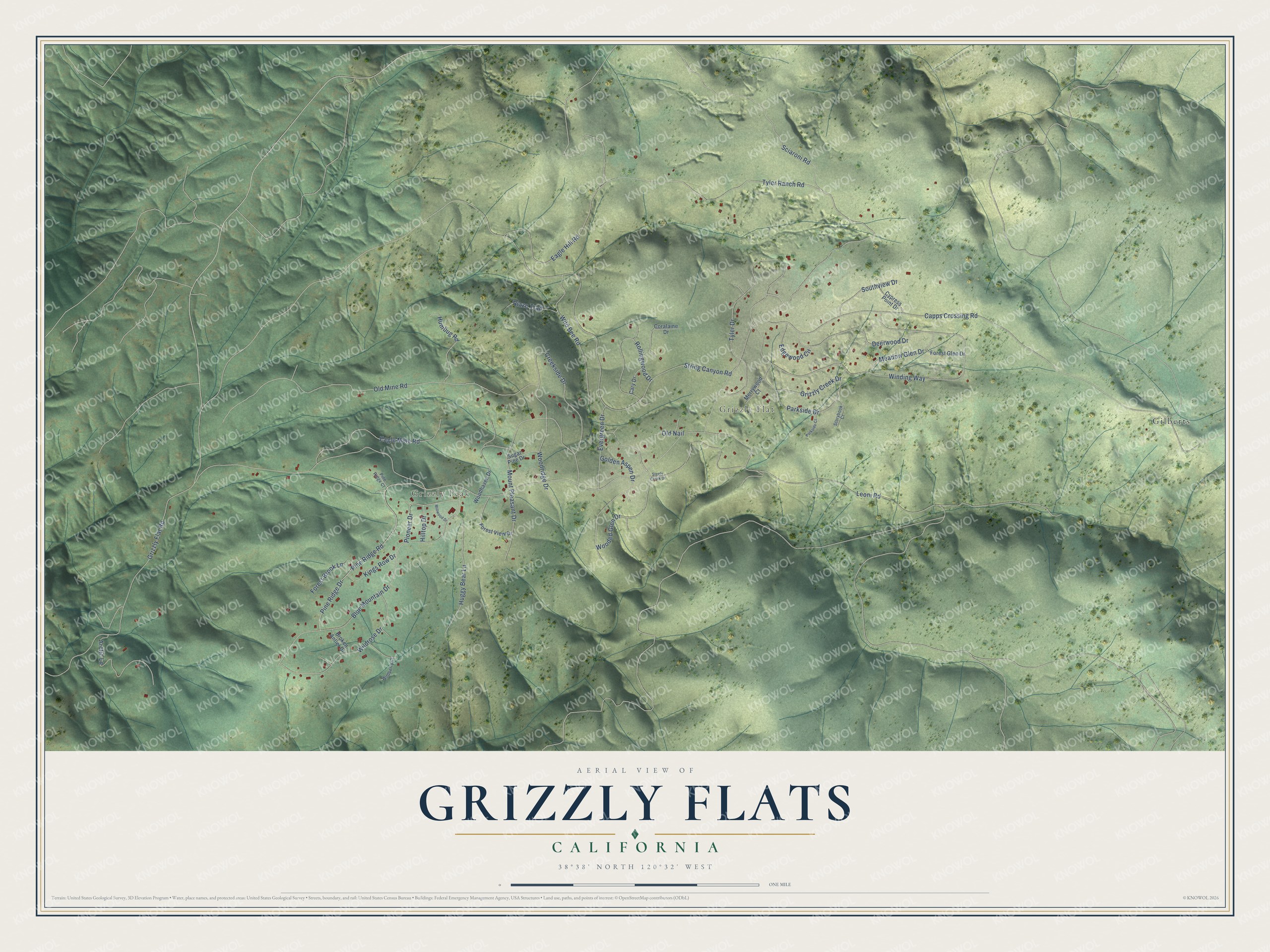 Full map of Grizzly Flats, California, with red buildings, printed street names and the land around them