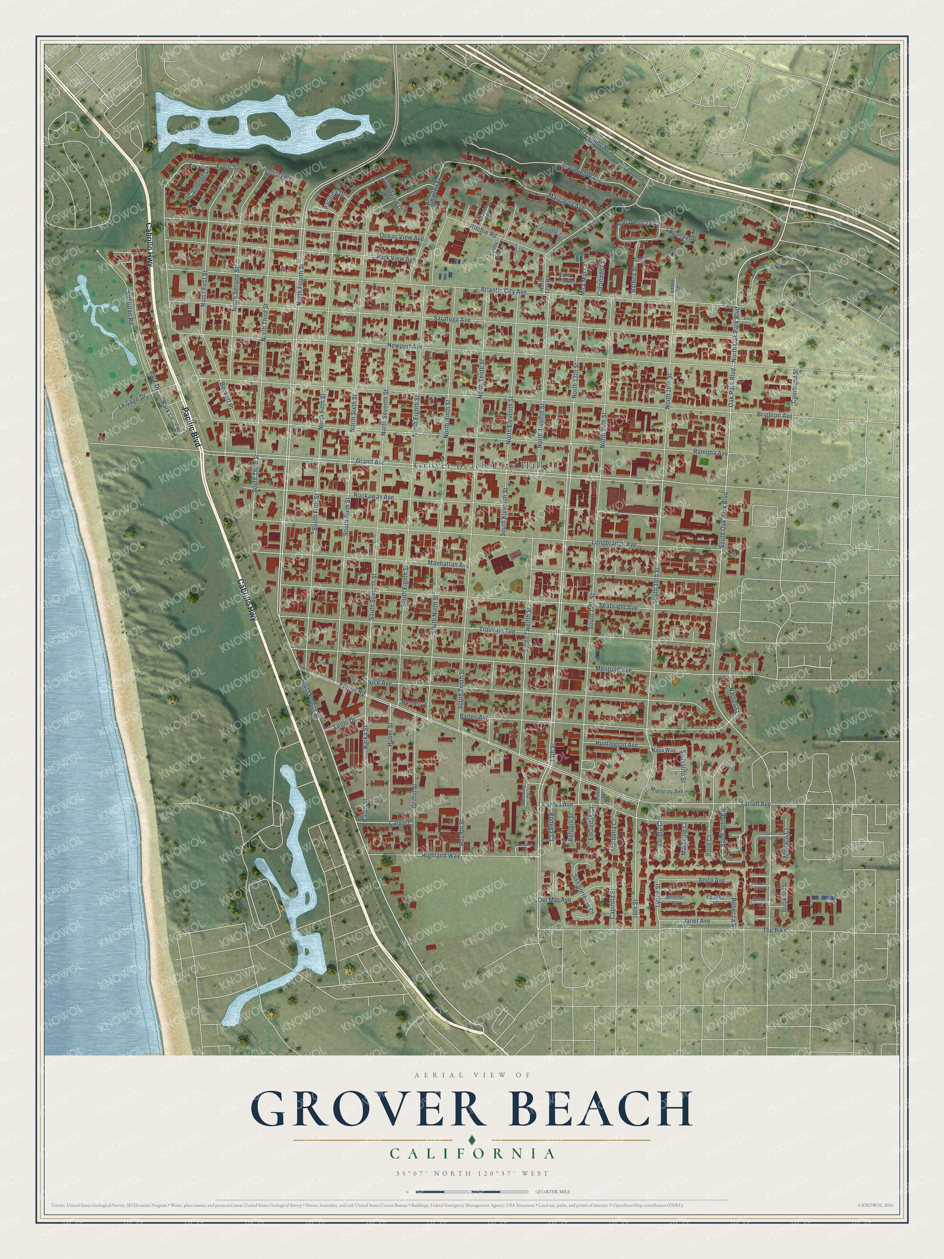 Full map of Grover Beach, California, with red buildings, printed street names and the land around them