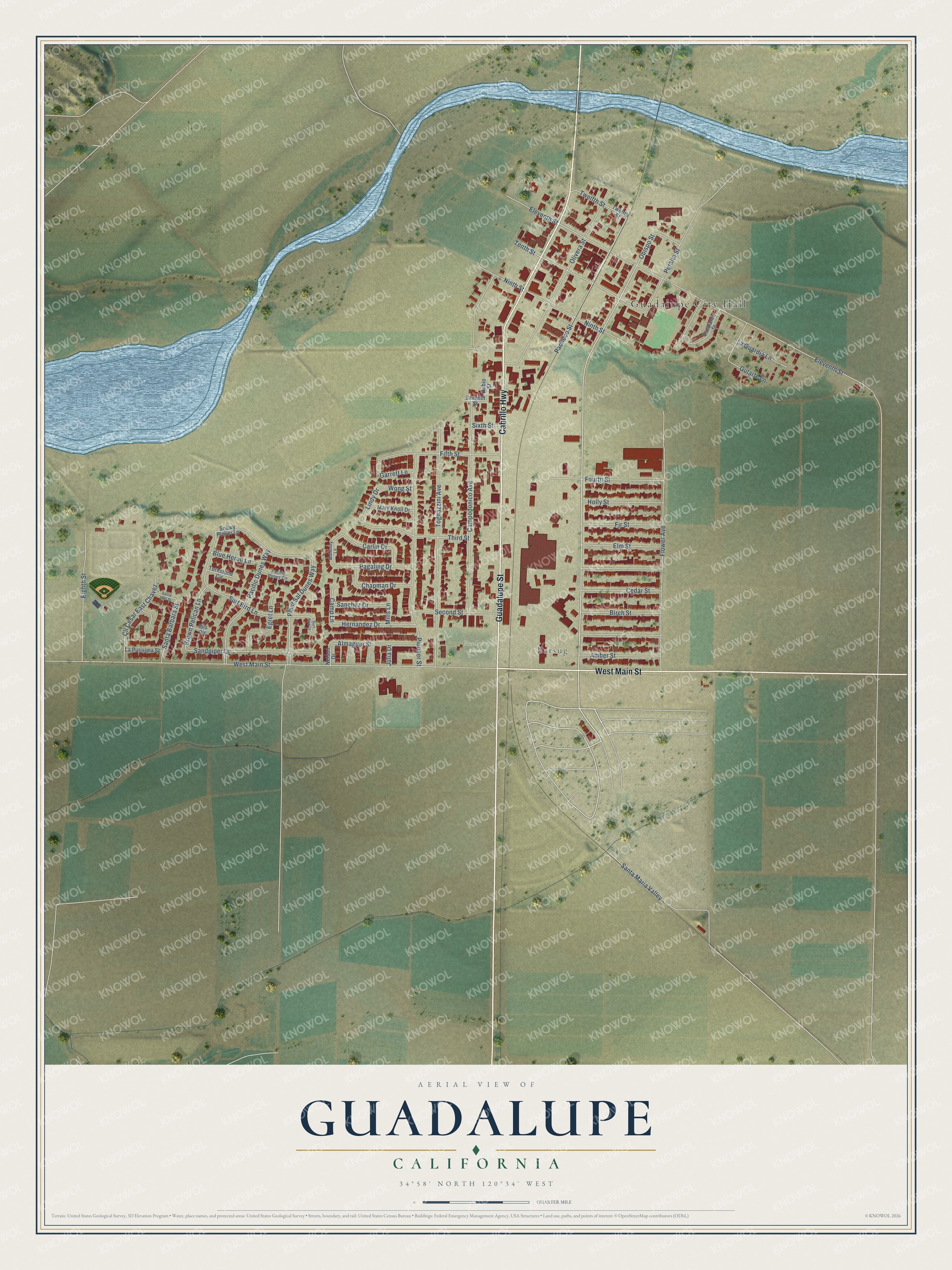 Full map of Guadalupe, California, with red buildings, printed street names and the land around them