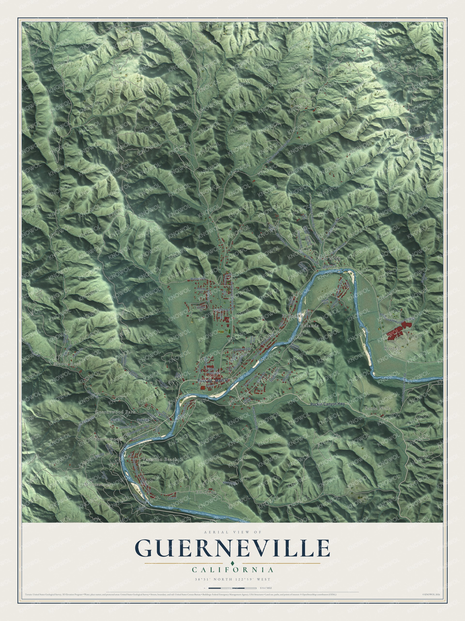 Full map of Guerneville, California, with red buildings, printed street names and the land around them
