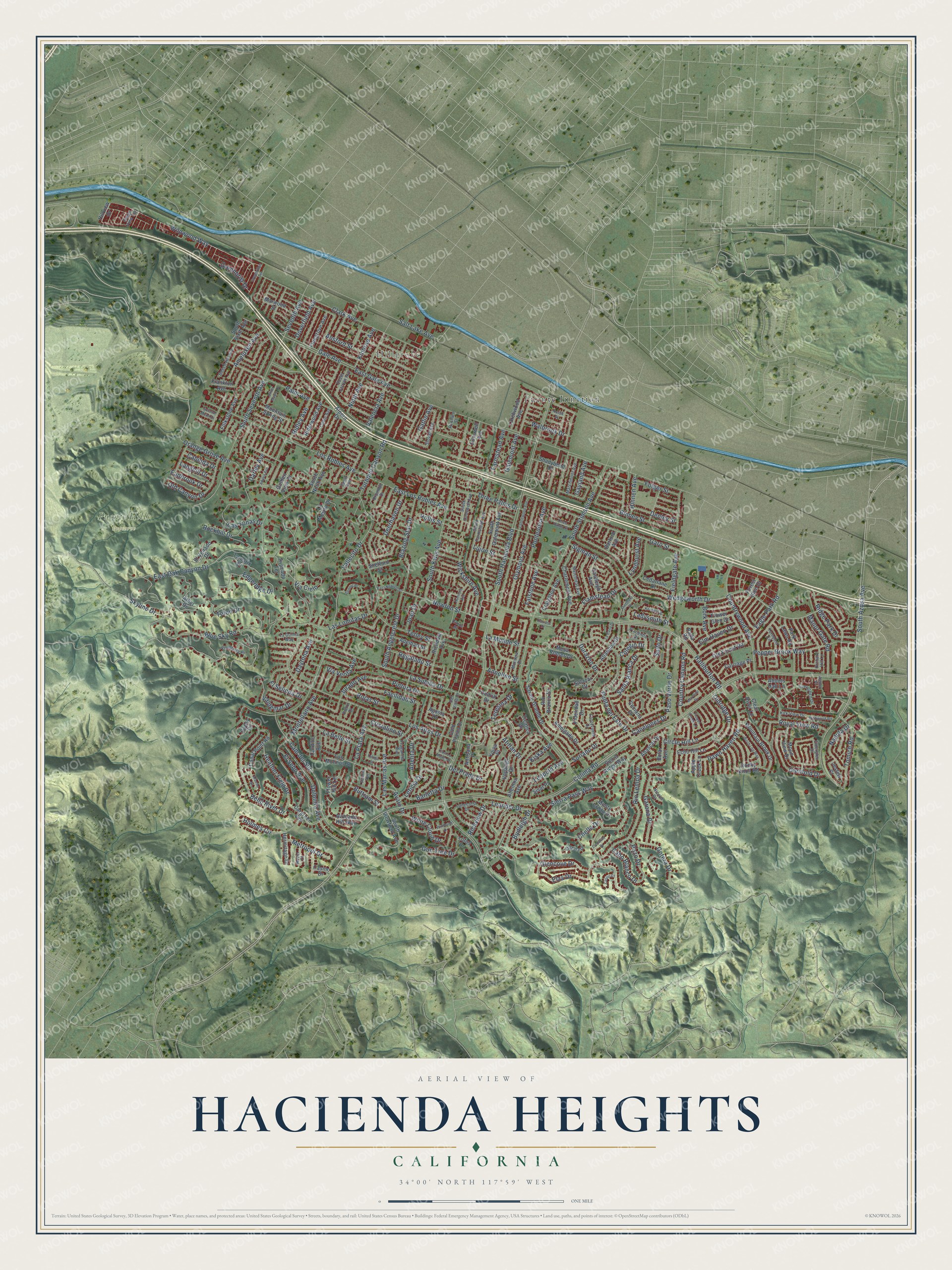 Full map of Hacienda Heights, California, with red buildings, printed street names and the land around them