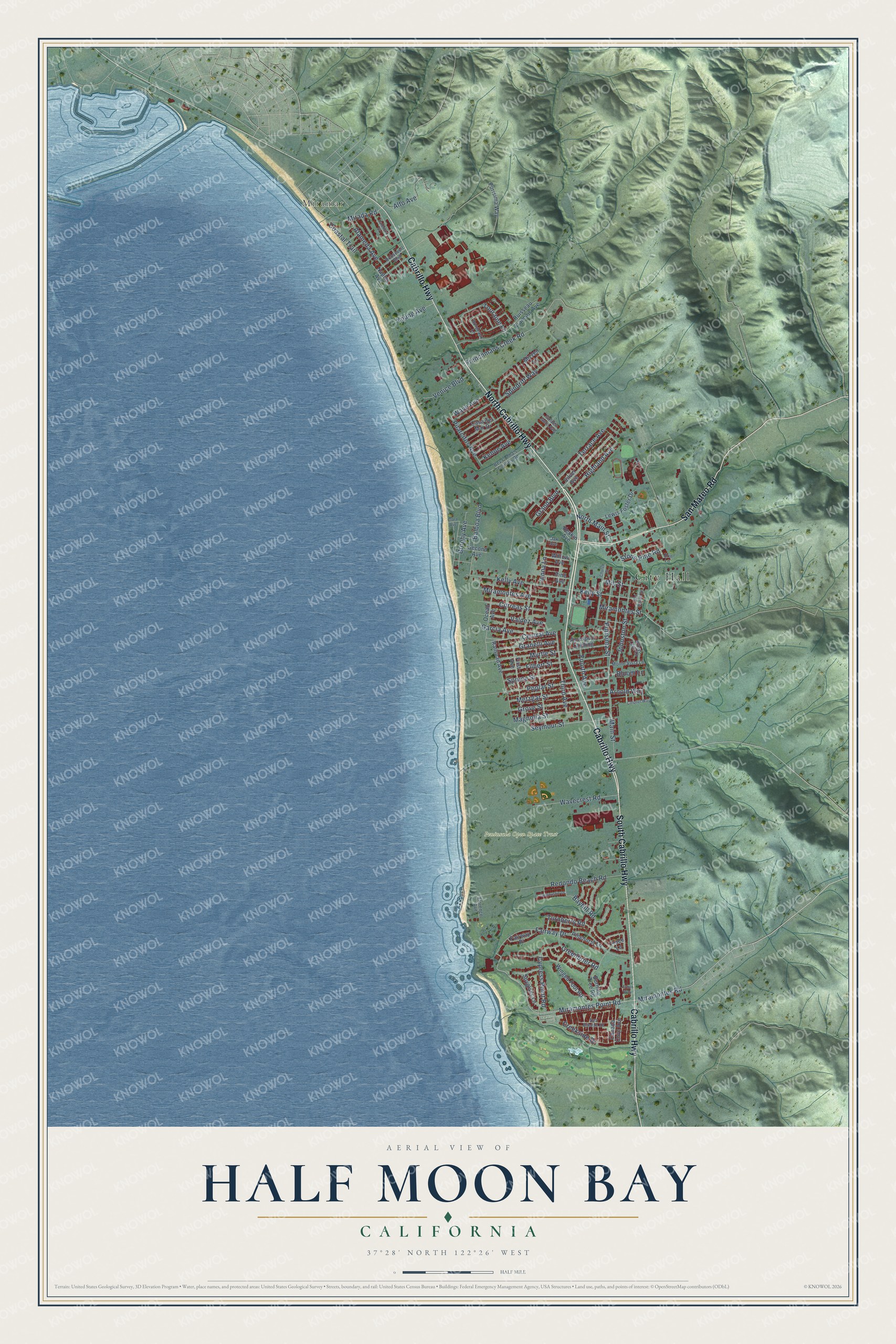 Full map of Half Moon Bay, California, with red buildings, printed street names and the land around them