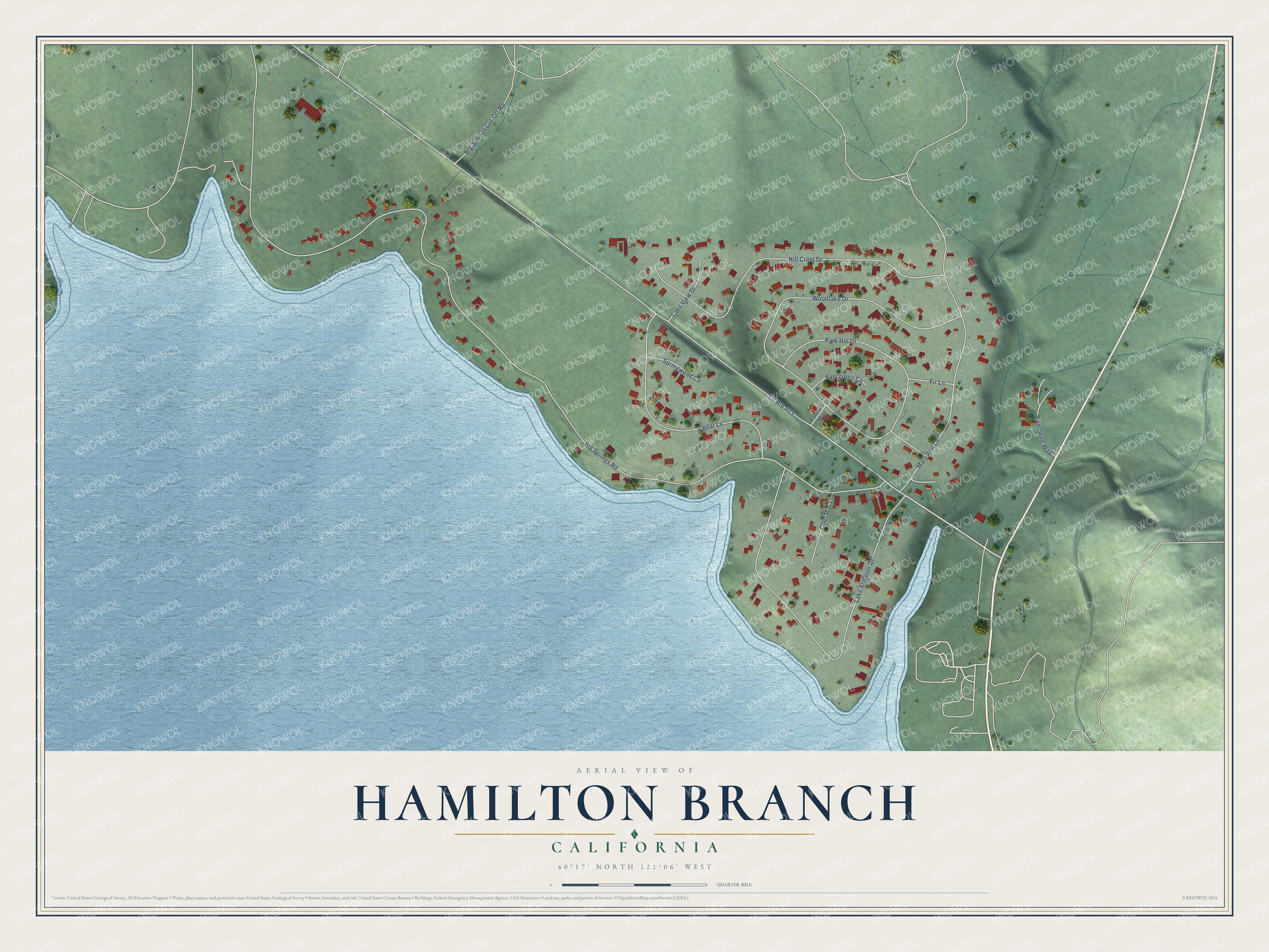 Full map of Hamilton Branch, California, with red buildings, printed street names and the land around them