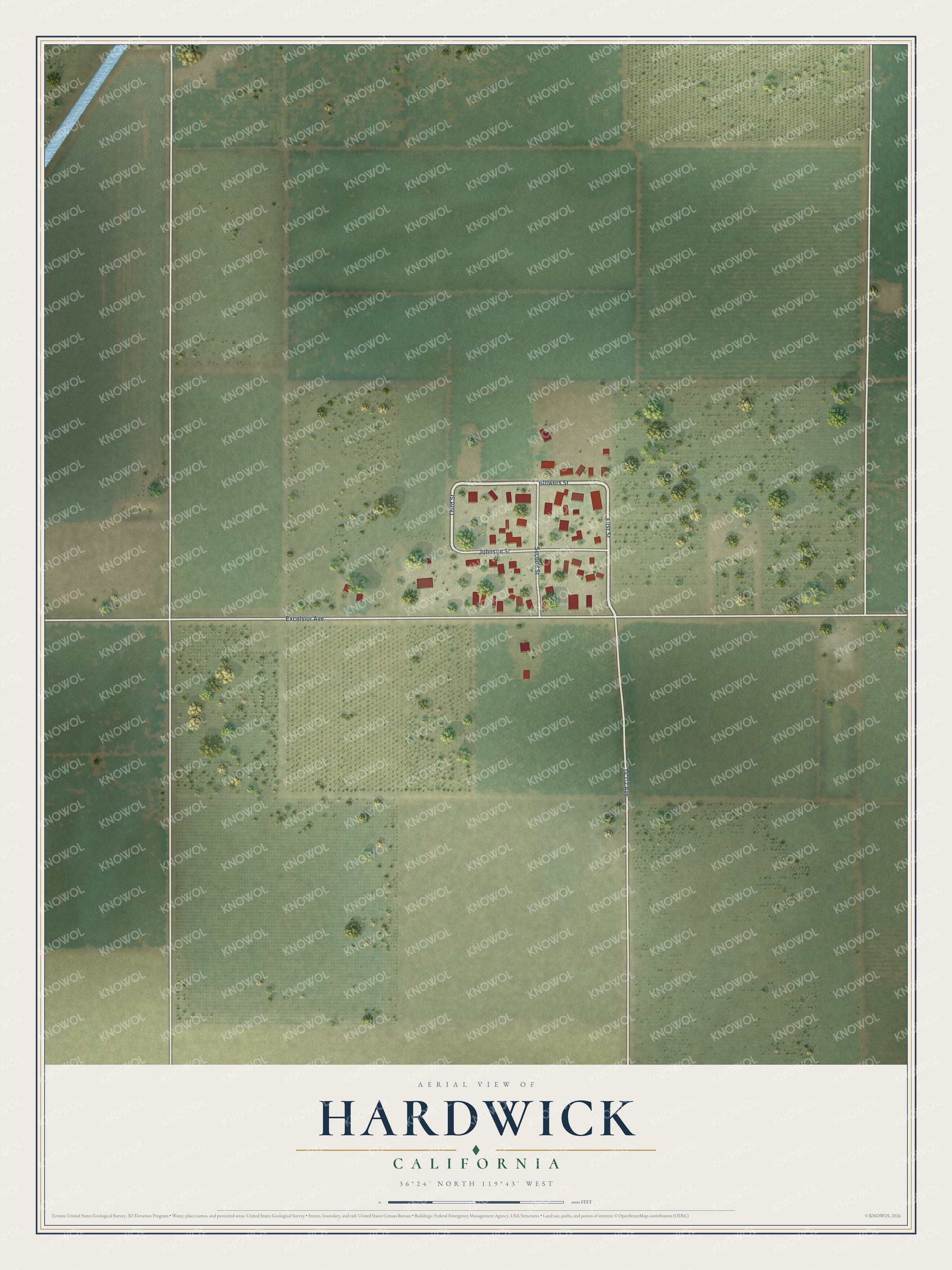 Full map of Hardwick, California, with red buildings, printed street names and the land around them