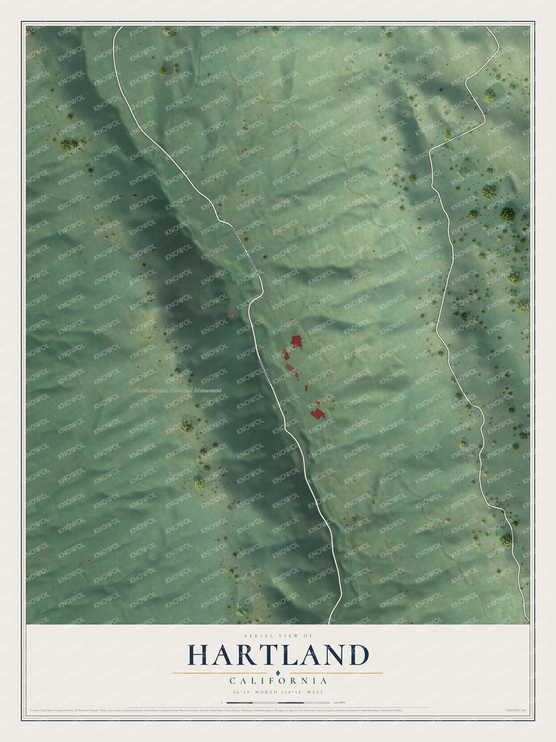 Full map of Hartland, California, with red buildings, printed street names and the land around them