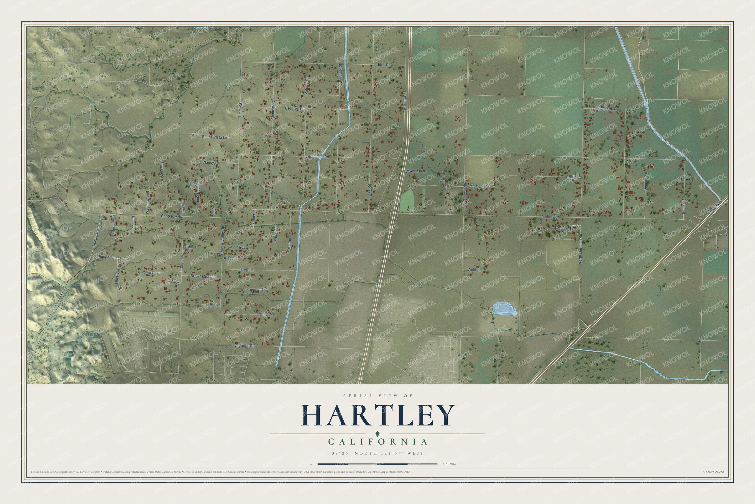 Full map of Hartley, California, with red buildings, printed street names and the land around them
