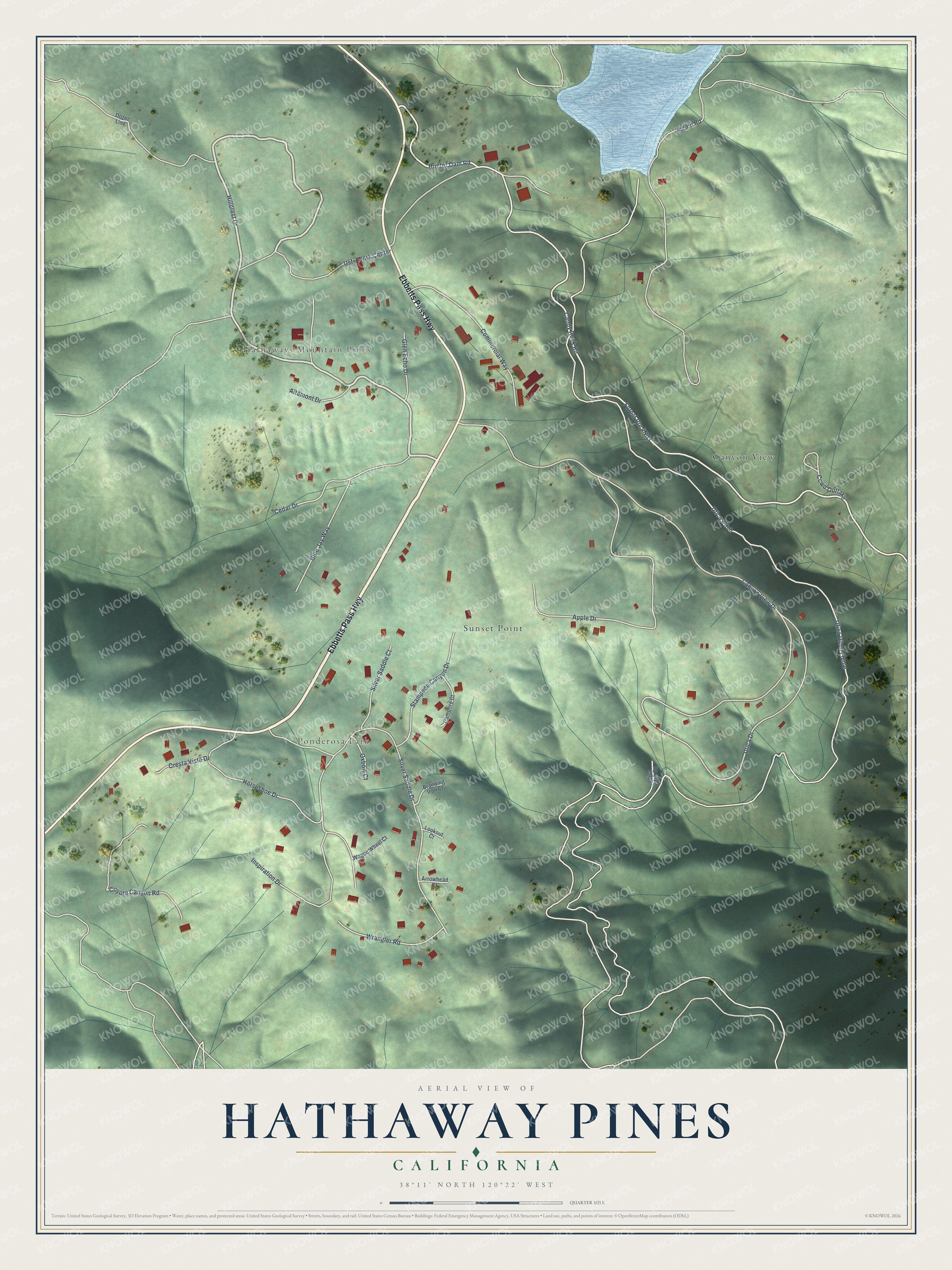 Full map of Hathaway Pines, California, with red buildings, printed street names and the land around them