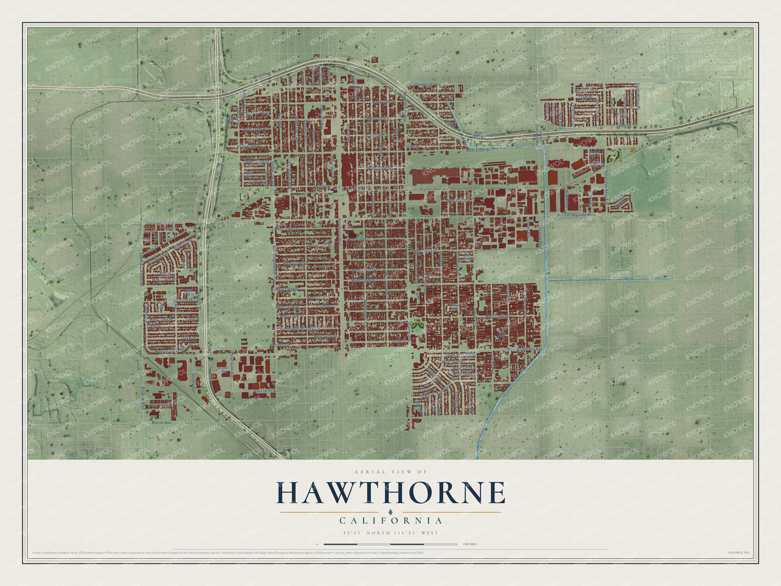 Full map of Hawthorne, California, with red buildings, printed street names and the land around them