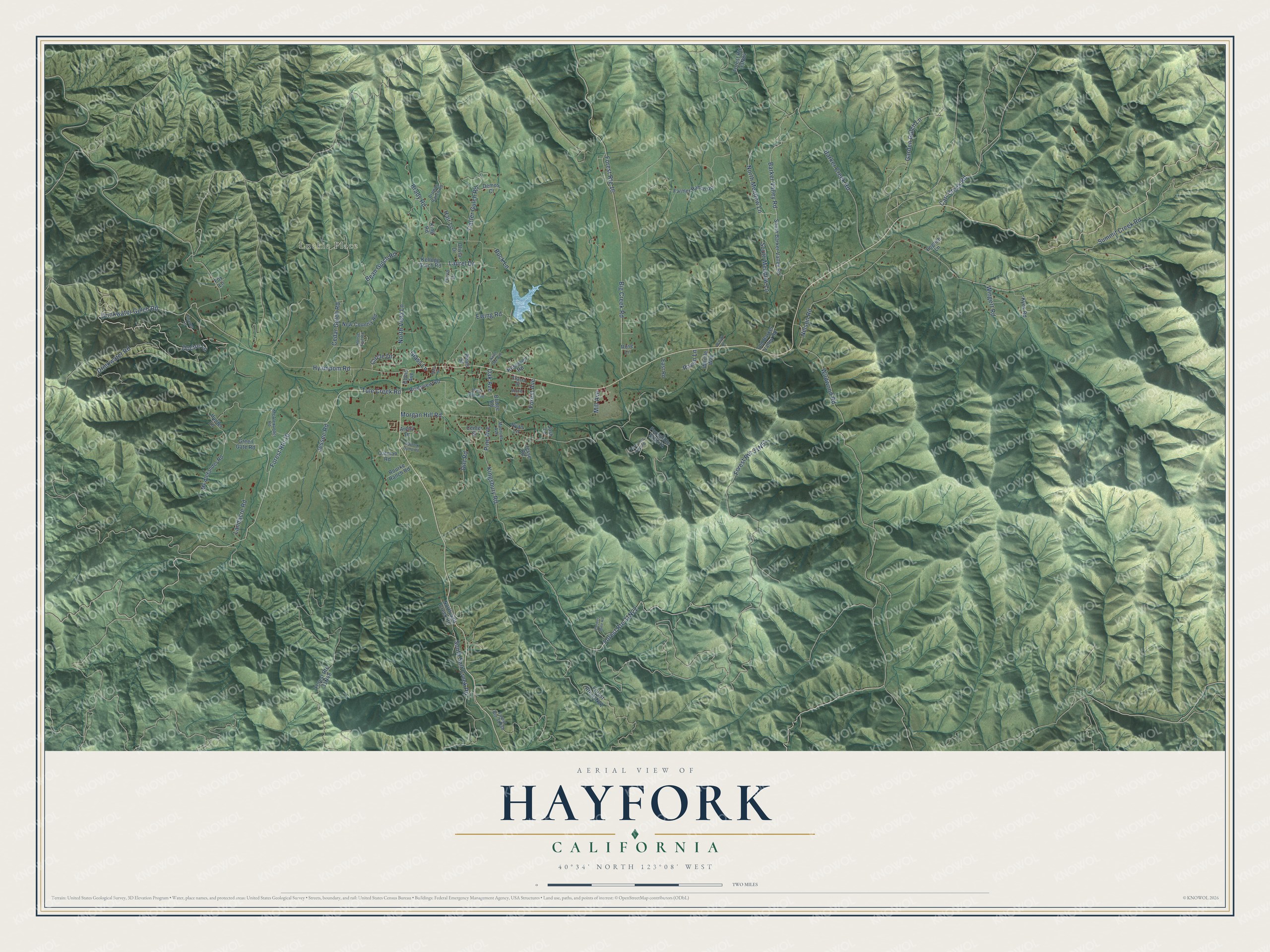 Full map of Hayfork, California, with red buildings, printed street names and the land around them