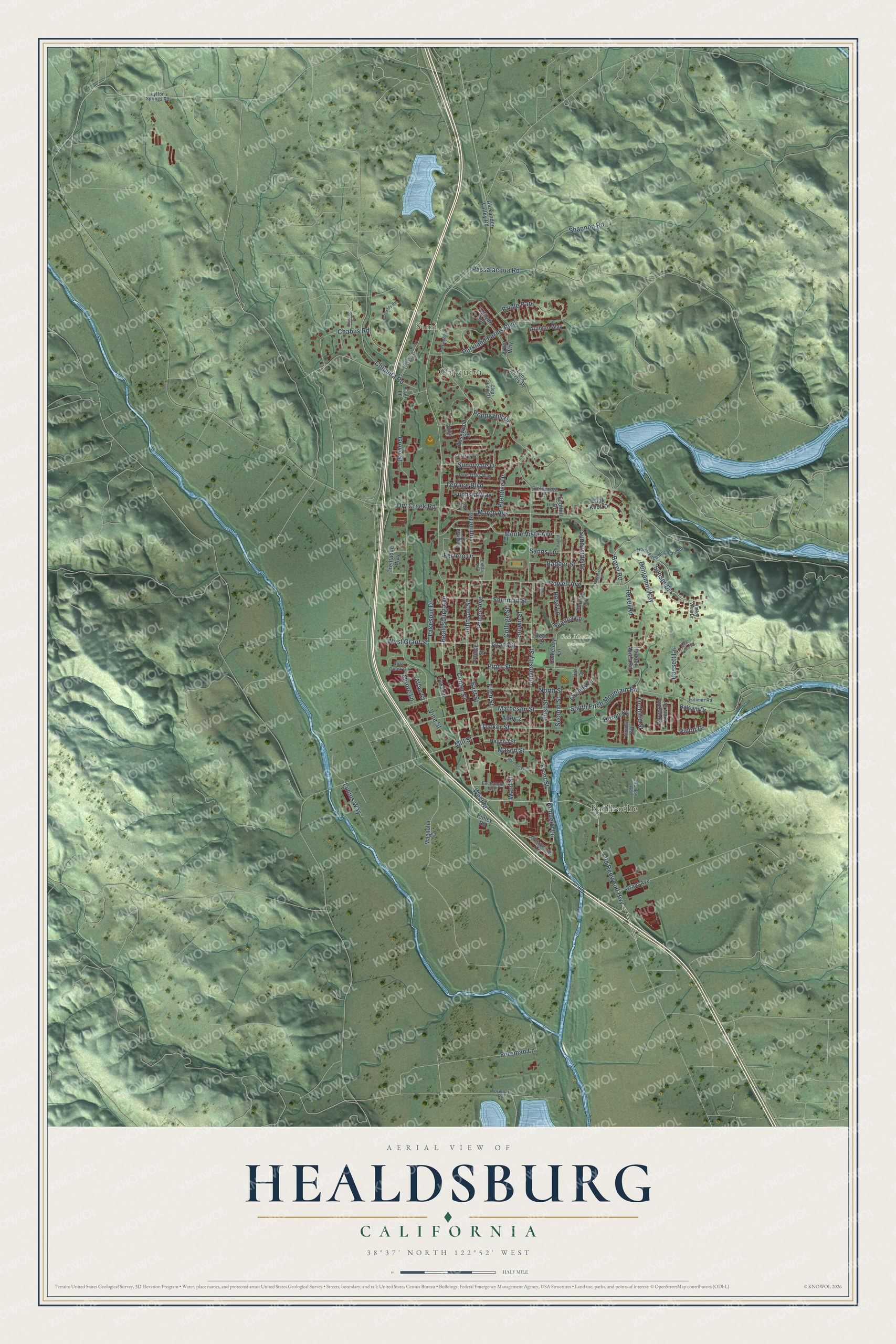 Full map of Healdsburg, California, with red buildings, printed street names and the land around them