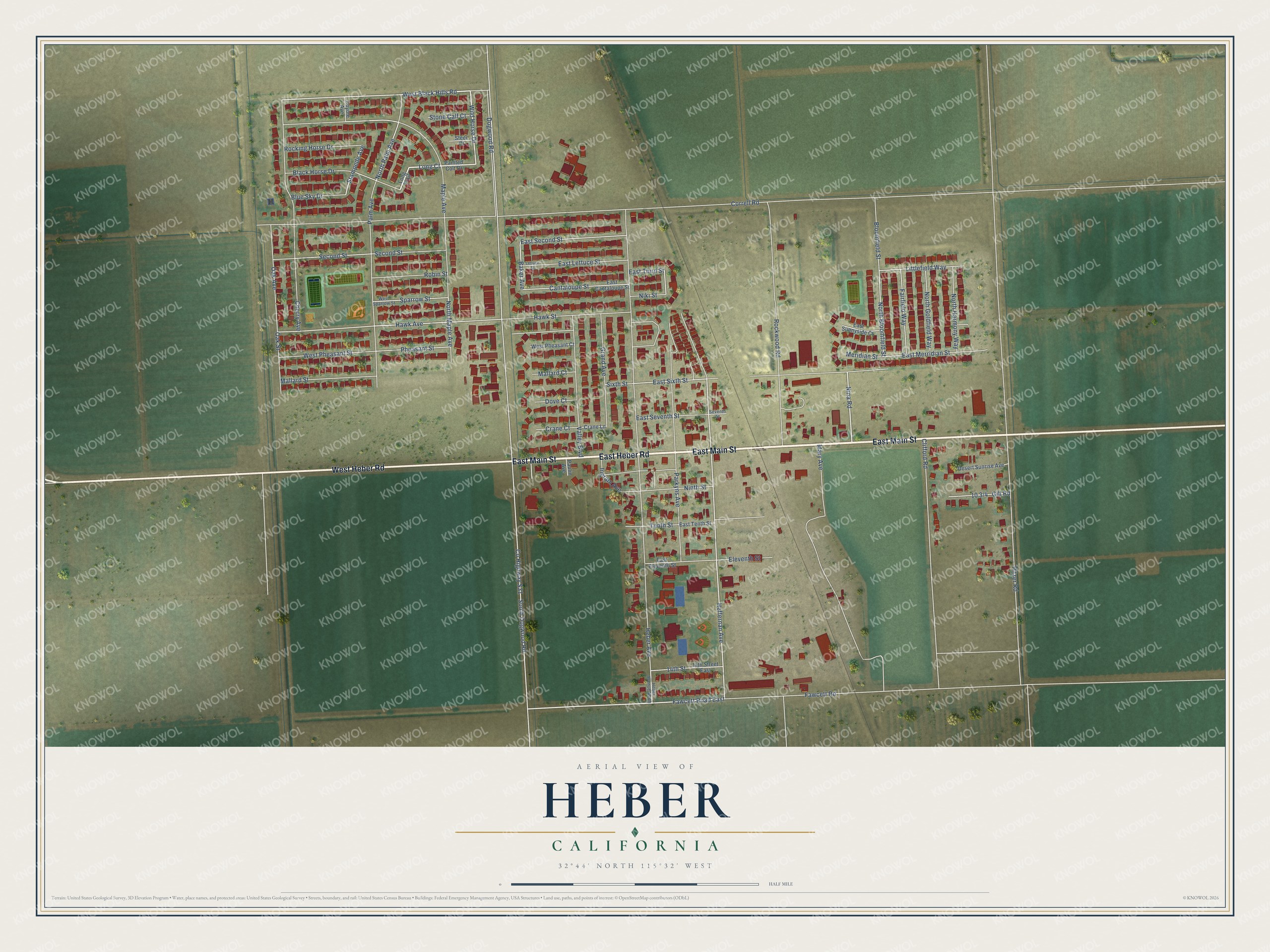 Full map of Heber, California, with red buildings, printed street names and the land around them