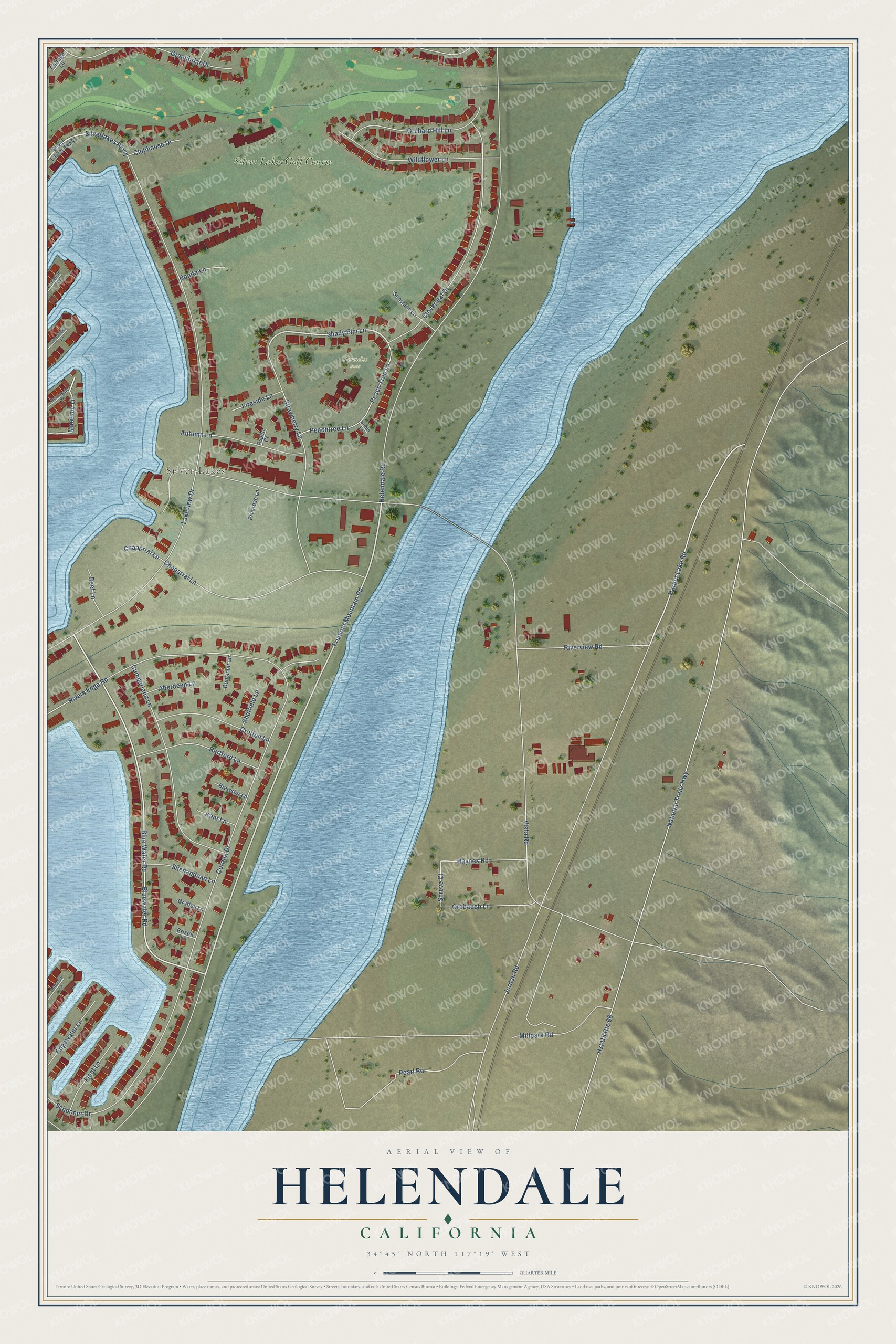 Full map of Helendale, California, with red buildings, printed street names and the land around them