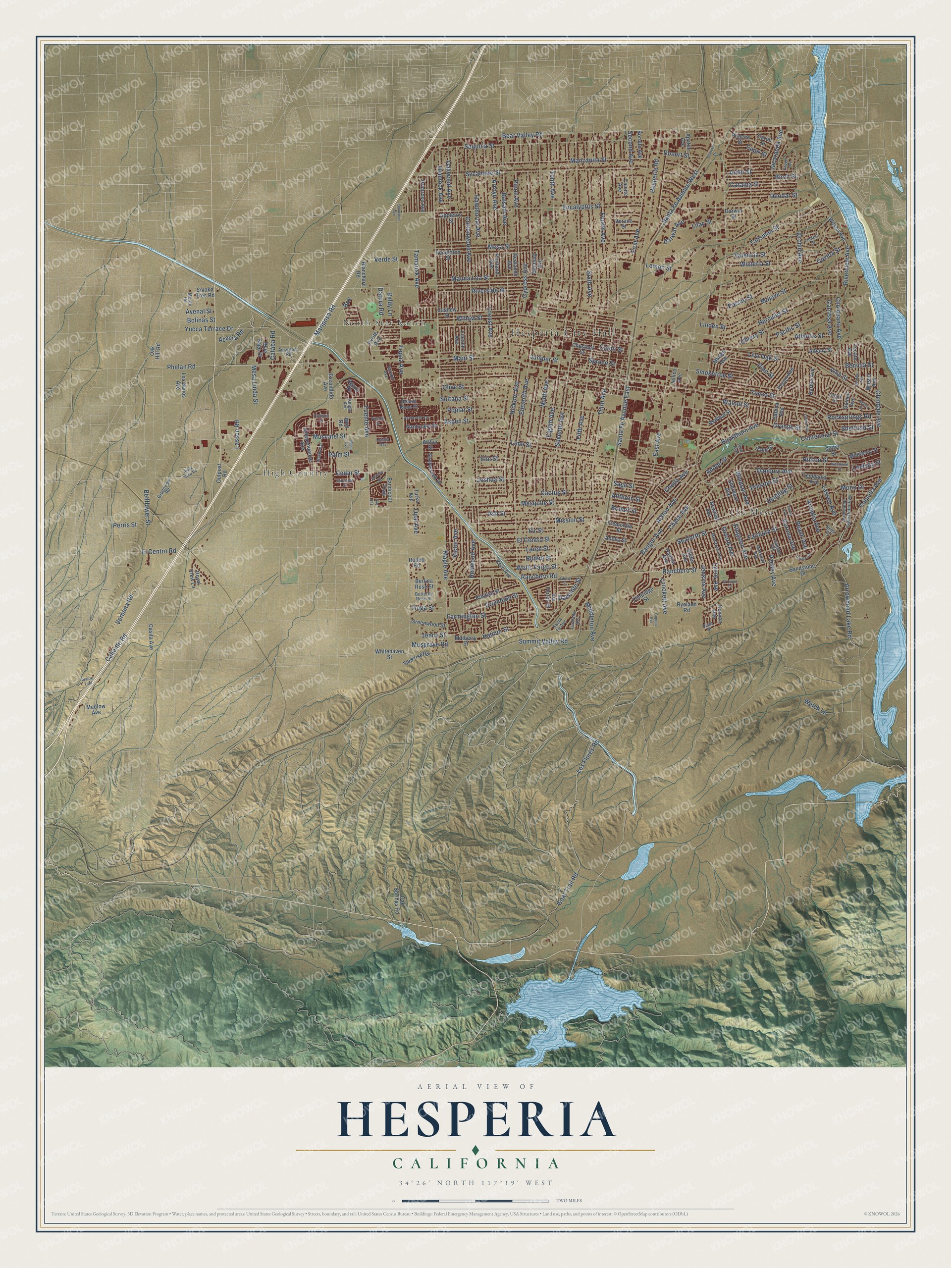 Full map of Hesperia, California, with red buildings, printed street names and the land around them