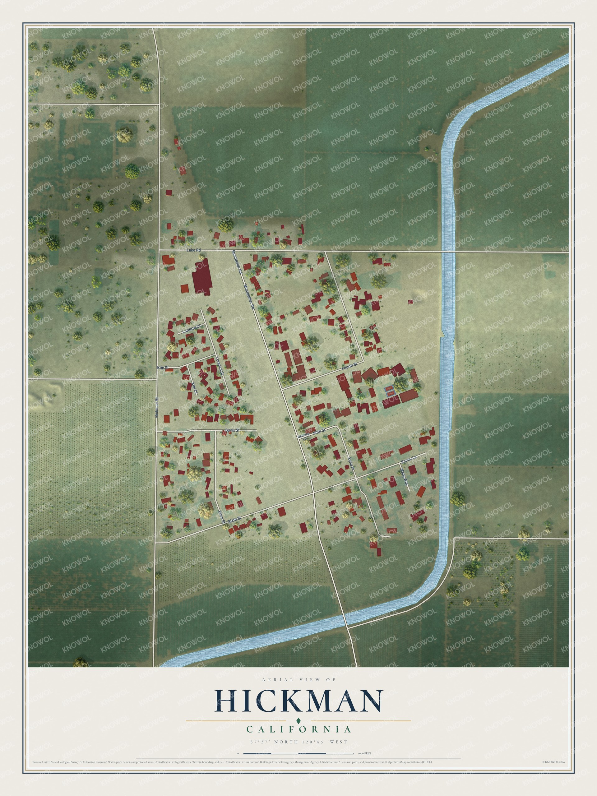 Full map of Hickman, California, with red buildings, printed street names and the land around them