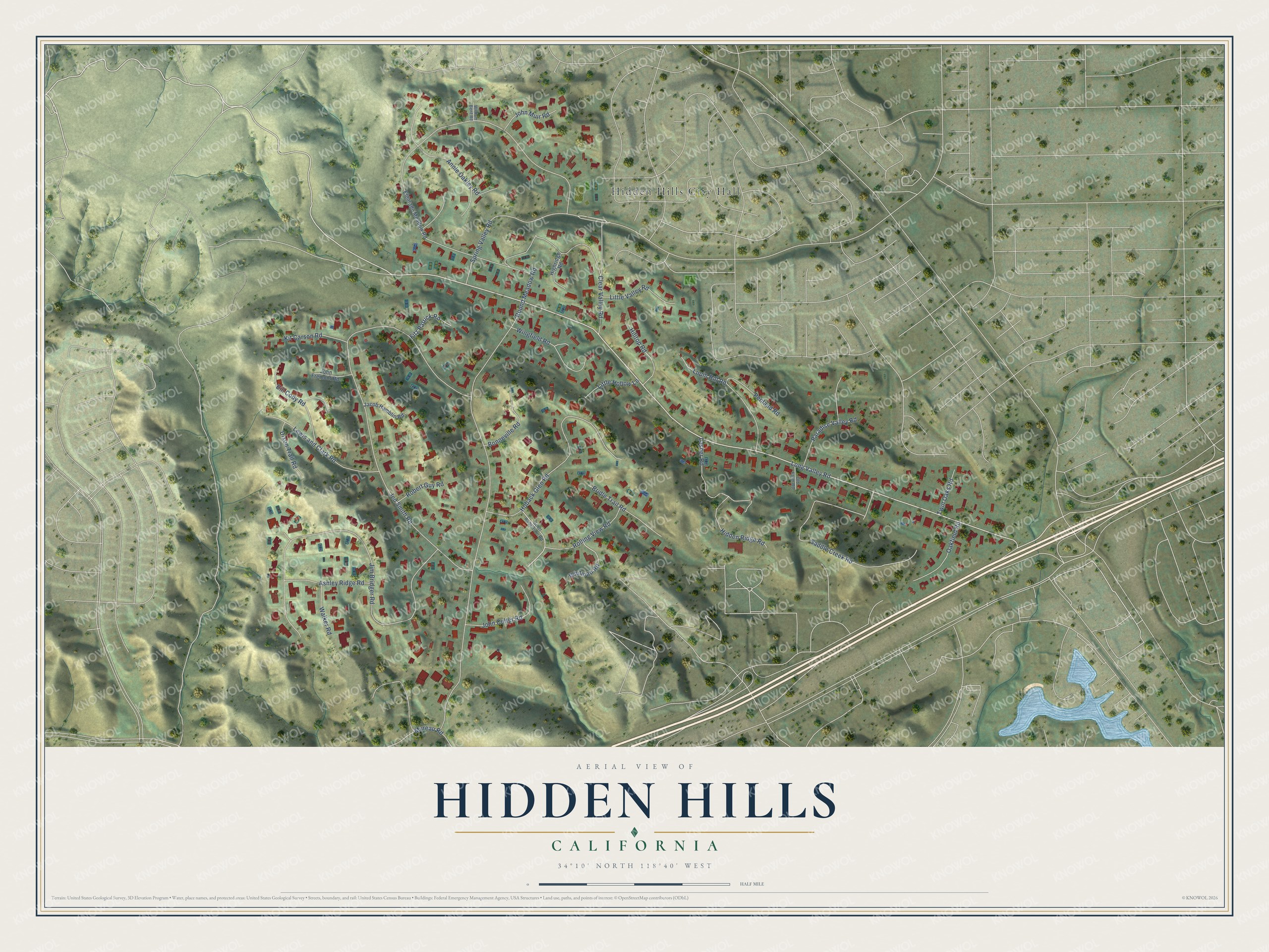 Full map of Hidden Hills, California, with red buildings, printed street names and the land around them