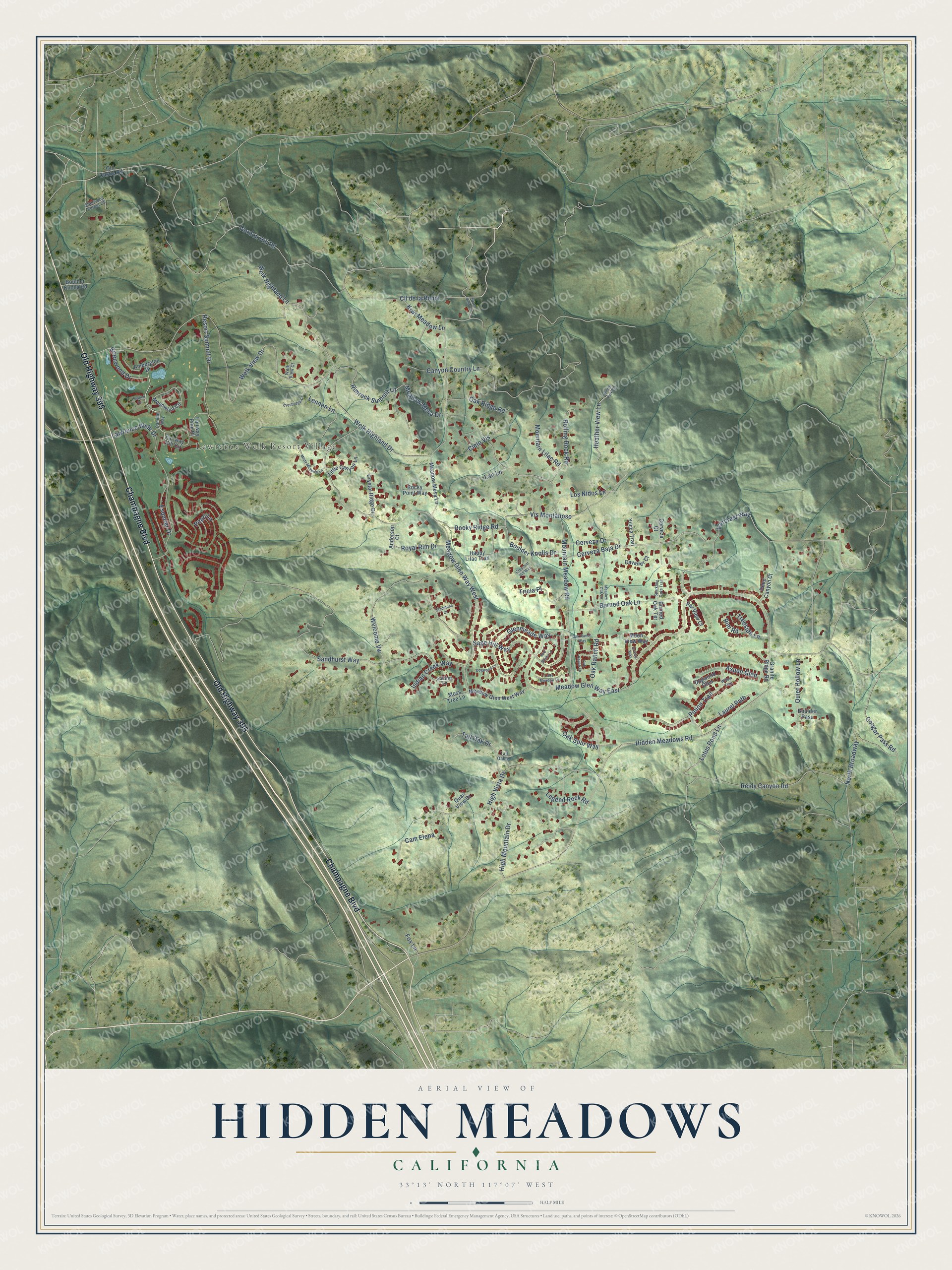 Full map of Hidden Meadows, California, with red buildings, printed street names and the land around them