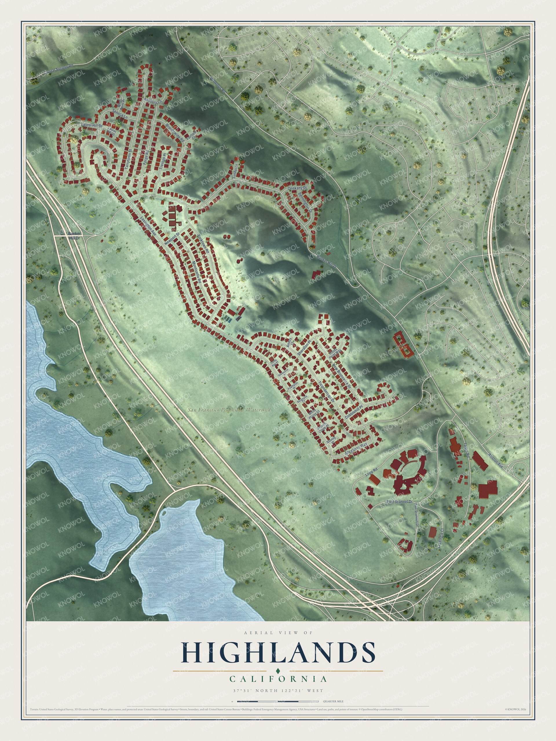 Full map of Highlands, California, with red buildings, printed street names and the land around them
