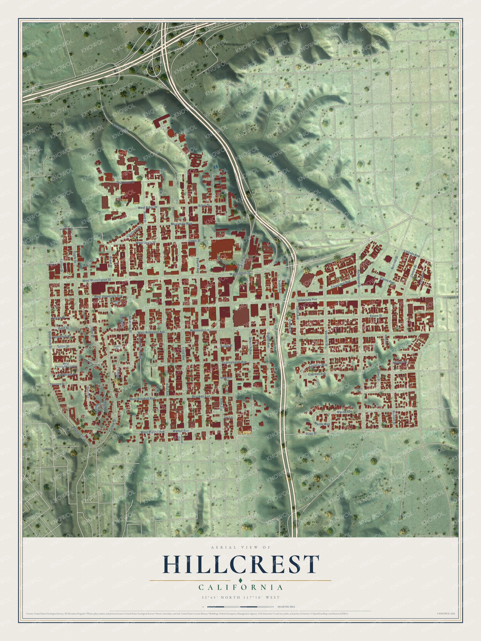 Watermarked full-map preview of Hillcrest, California
