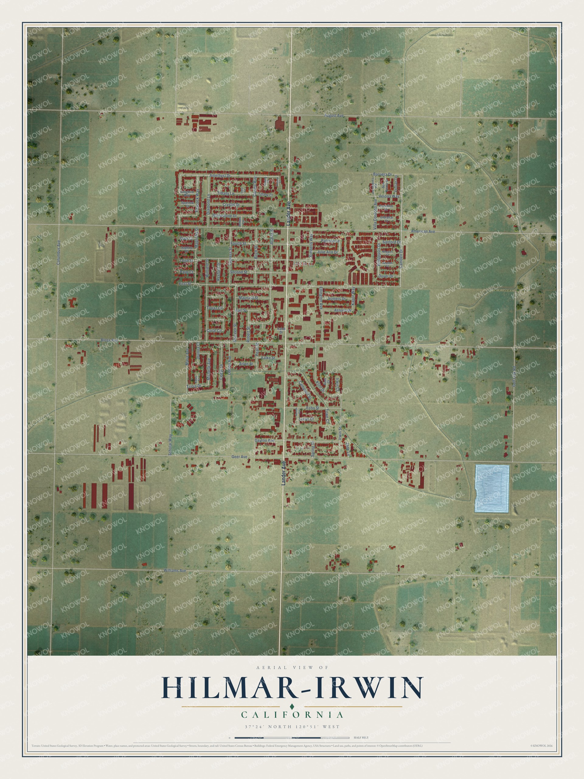 Full map of Hilmar-Irwin, California, with red buildings, printed street names and the land around them