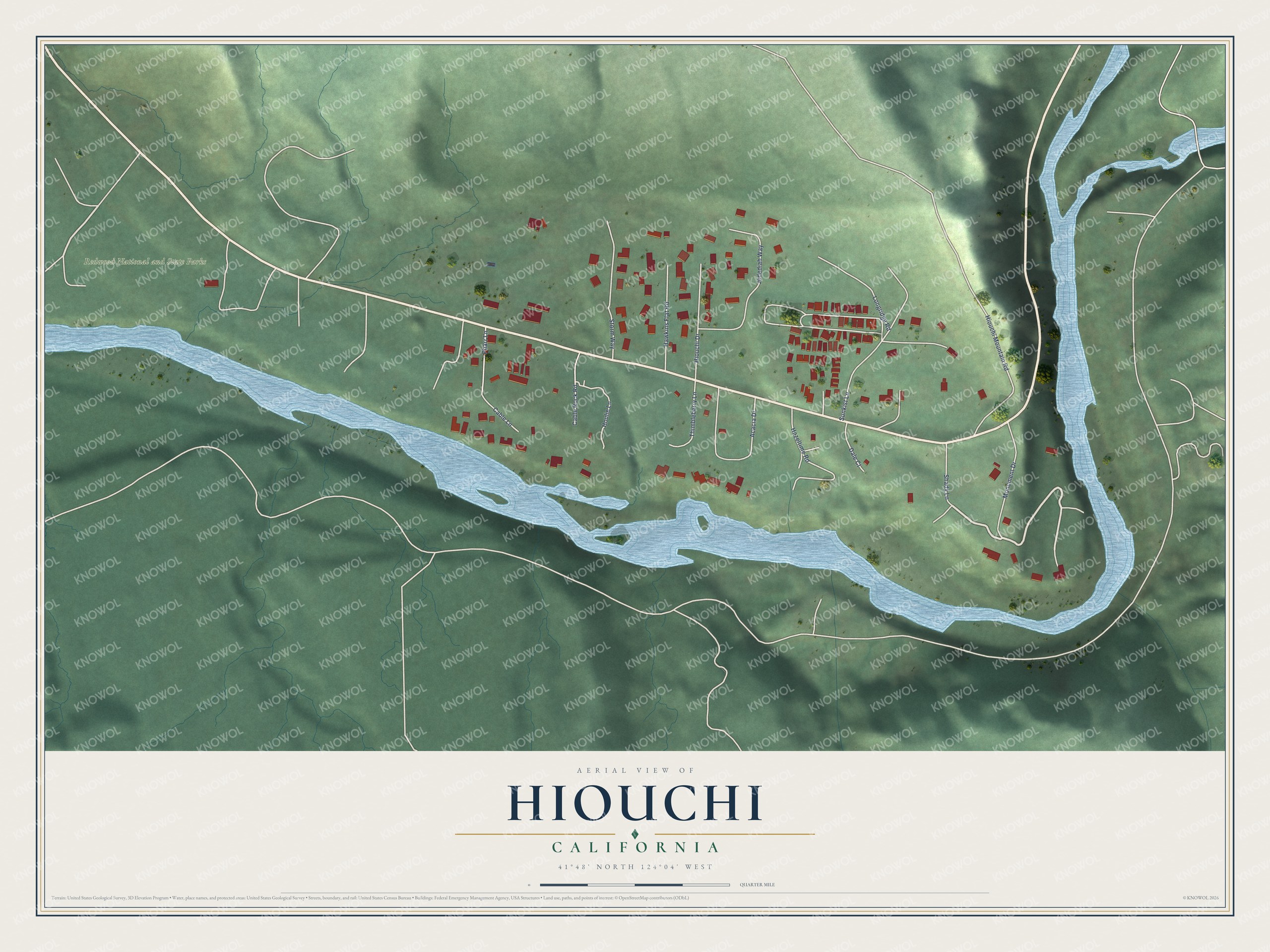 Full map of Hiouchi, California, with red buildings, printed street names and the land around them