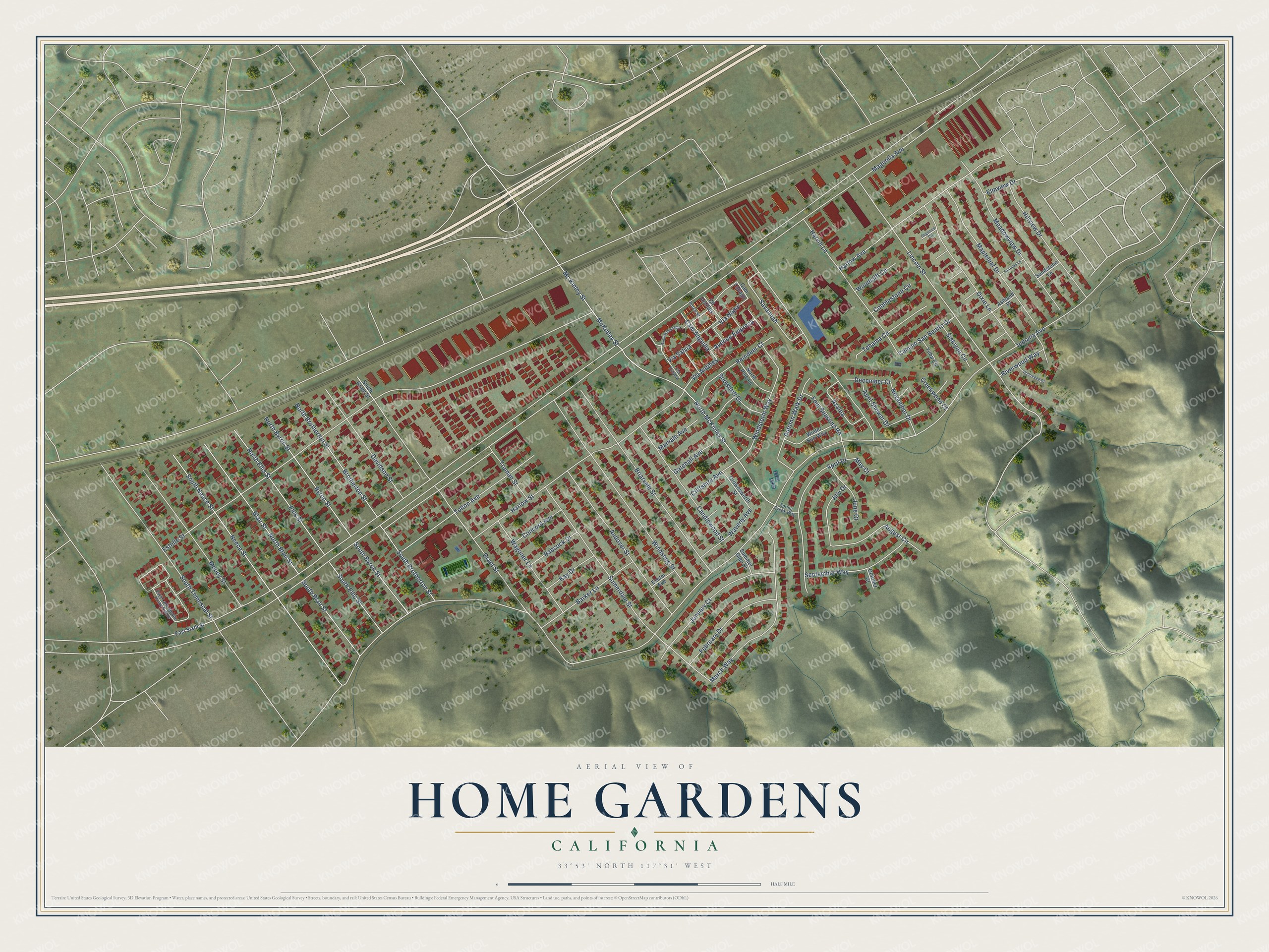 Full map of Home Gardens, California, with red buildings, printed street names and the land around them